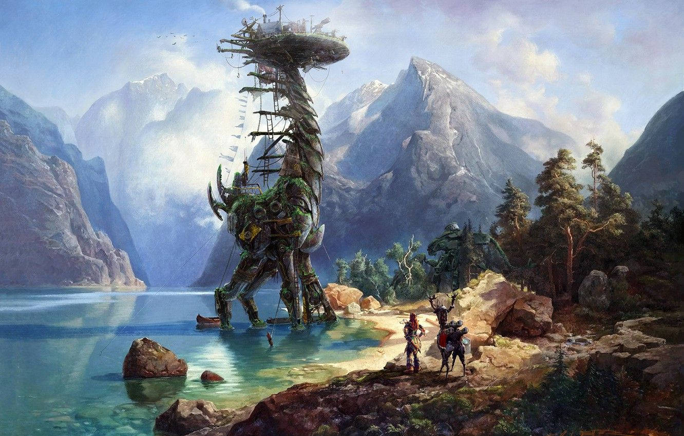 Horizon 桌布 壁紙 — 兩位冒險家站在一個從寧靜山湖中浮現的、長滿苔蘚的巨大機械野獸面前。