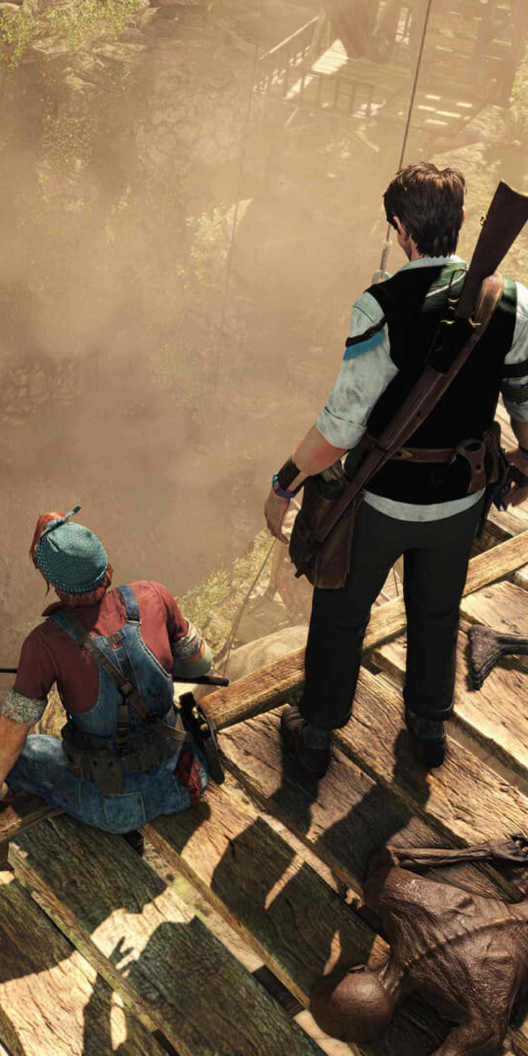 Pixel 3 Strange Brigade 桌布 壁紙 — 兩位冒險家站在一座風化的木橋上，俯瞰著霧氣瀰漫的叢林山谷，附近有一個倒下的身影。