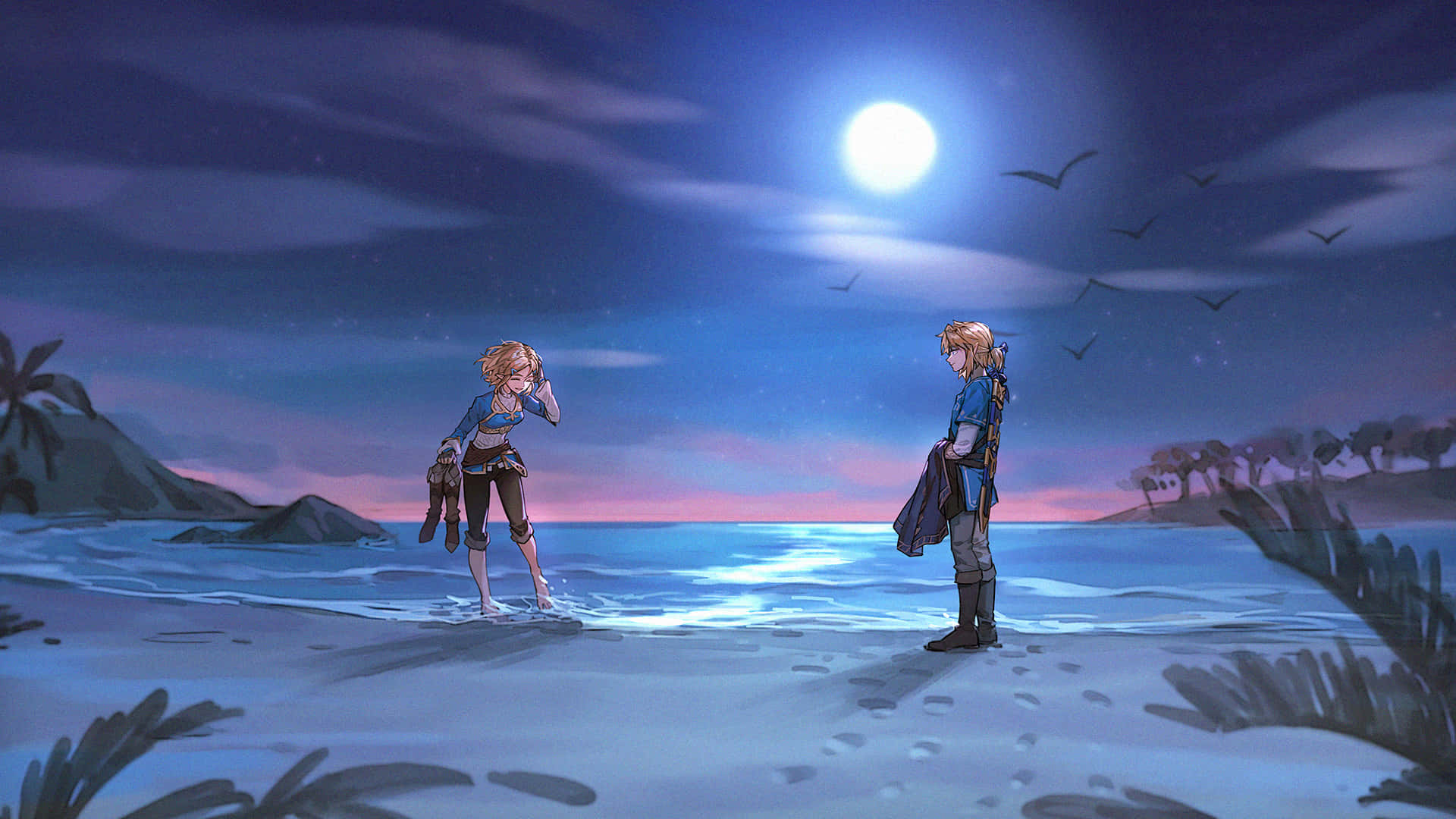 The Legend Of Zelda Tears Of The Kingdom 桌布 壁紙 — 兩位冒險家站在月光照耀的海灘上，在星空下彼此對望，頭頂有鳥兒飛過。