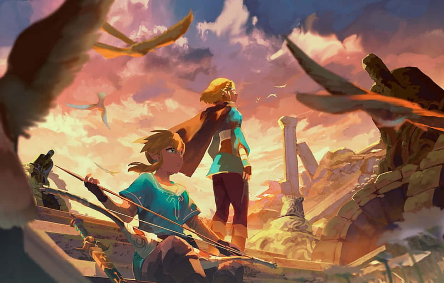 The Legend Of Zelda Characters 桌布 壁紙 — 兩位冒險家站在遠古遺跡頂端，夕陽下，有翼生物在充滿活力的粉紅色和橙色天空中翱翔。