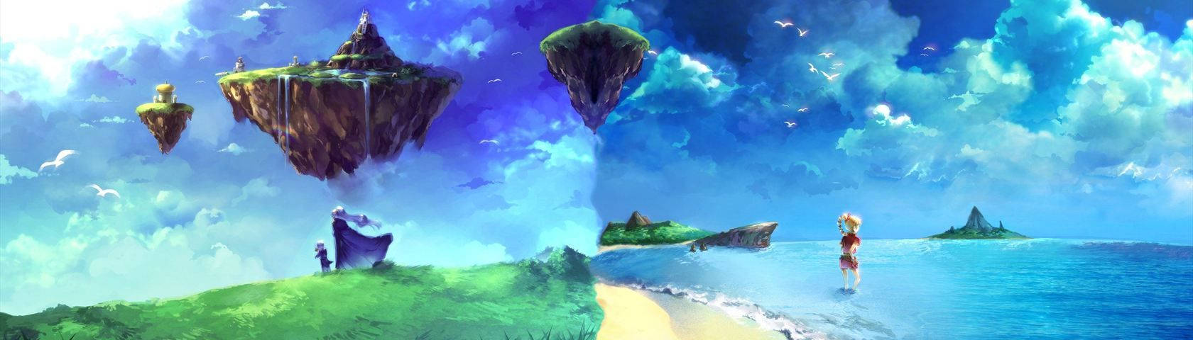 Chrono 桌布 壁紙 — 兩位冒險家站在長滿草的海岸上，凝視著懸浮在湛藍天空中的浮島，下方是碧綠的海水。