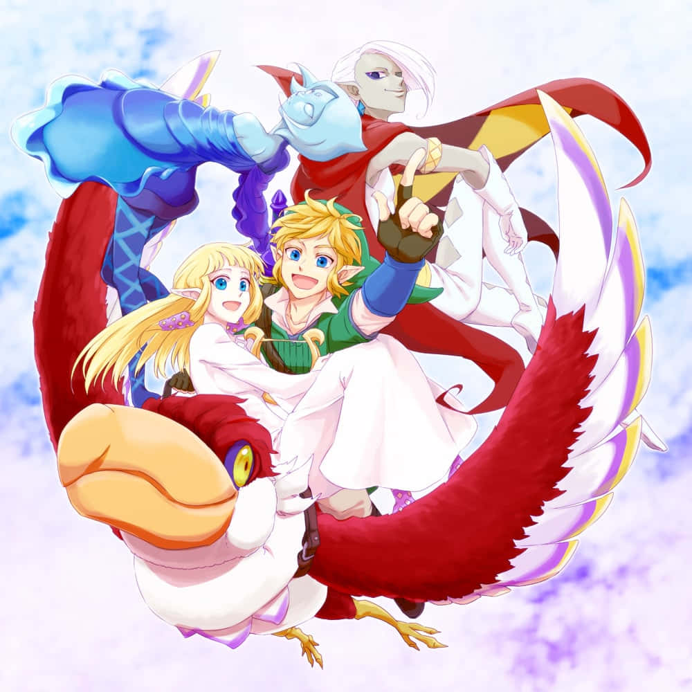 The Legend Of Zelda Ghirahim 桌布 壁紙 — 兩位冒險者和一個藍色靈魂騎著一隻雄偉的紅白鳥穿過柔和的粉彩天空。