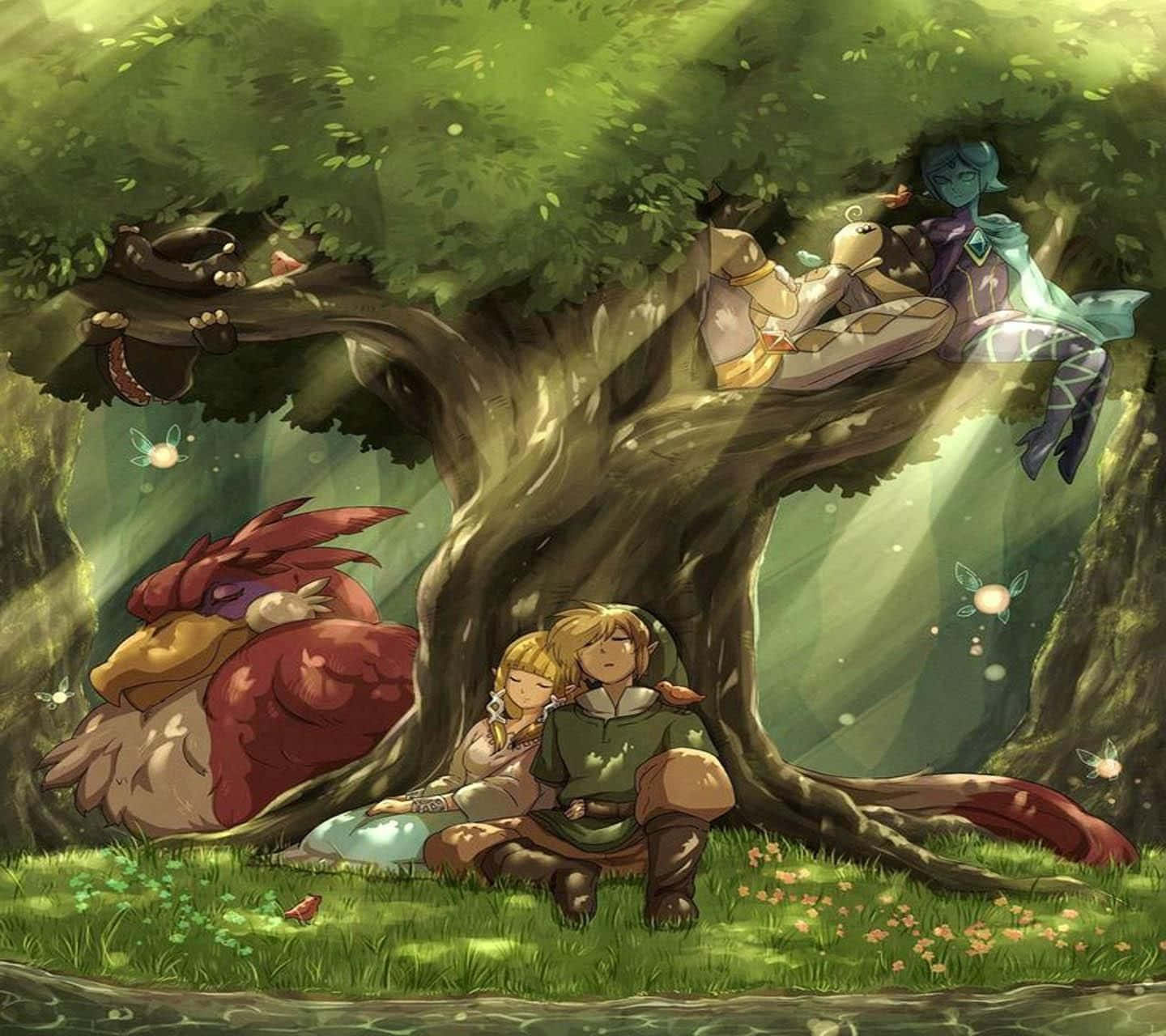 The Legend Of Zelda Skyward Sword 桌布 壁紙 — 兩位冒險者在陽光明媚的森林空地中，在一棵巨樹下與一條龍和一個漂浮的精靈同伴休息。
