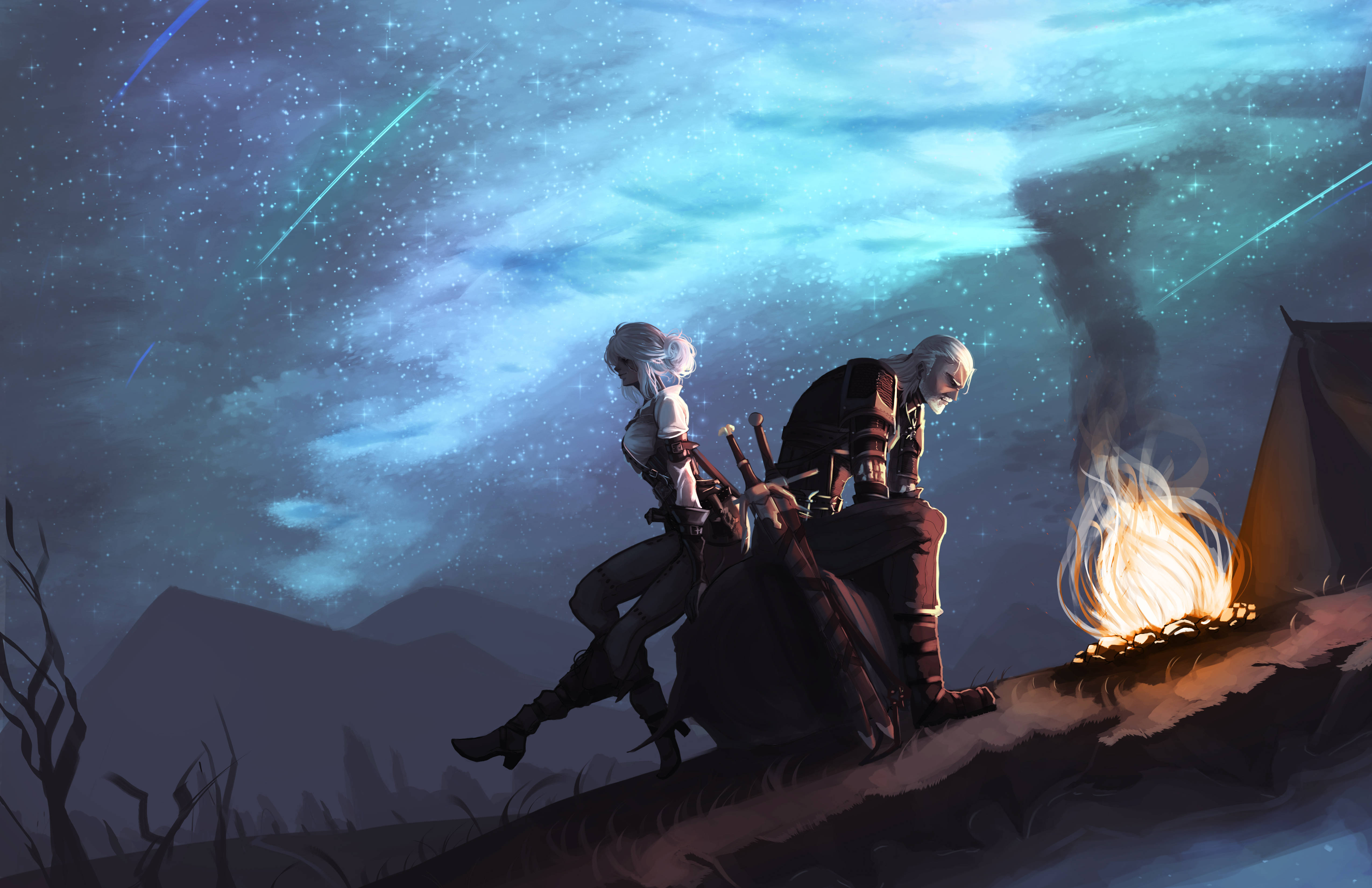 The Witcher 3 桌布 壁紙 — 兩位冒險者坐在營火旁，頭頂上是繁星點點的夜空，流星劃過天際。