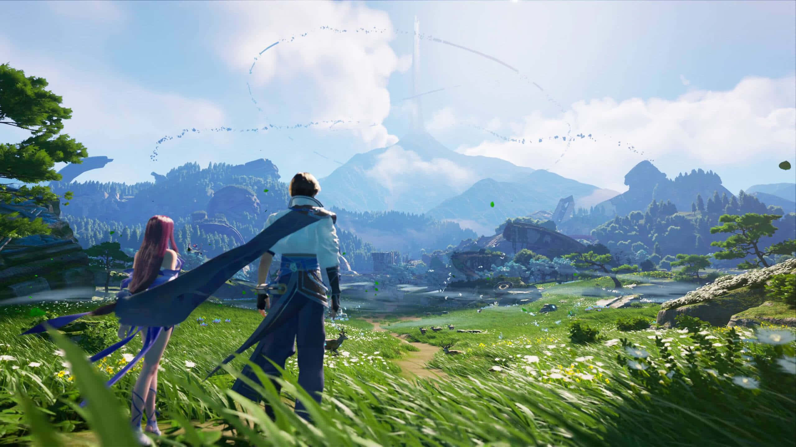 Game Trailers 桌布 壁紙 — 兩位冒險者站在陽光明媚的草地上，凝視著遠處的山脈，天空湛藍，雲朵輕盈。