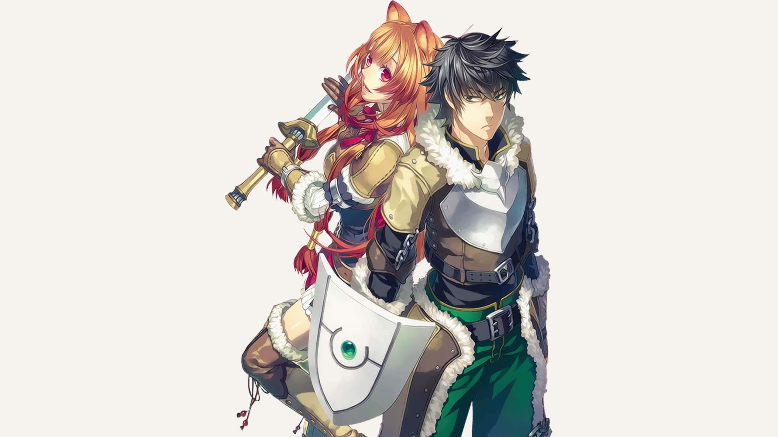 The Rising Of The Shield Hero 桌布 壁紙 — 兩位動漫冒險者背靠背站立，一位手持劍與盾牌，另一位手持劍並穿著毛皮鑲邊盔甲。