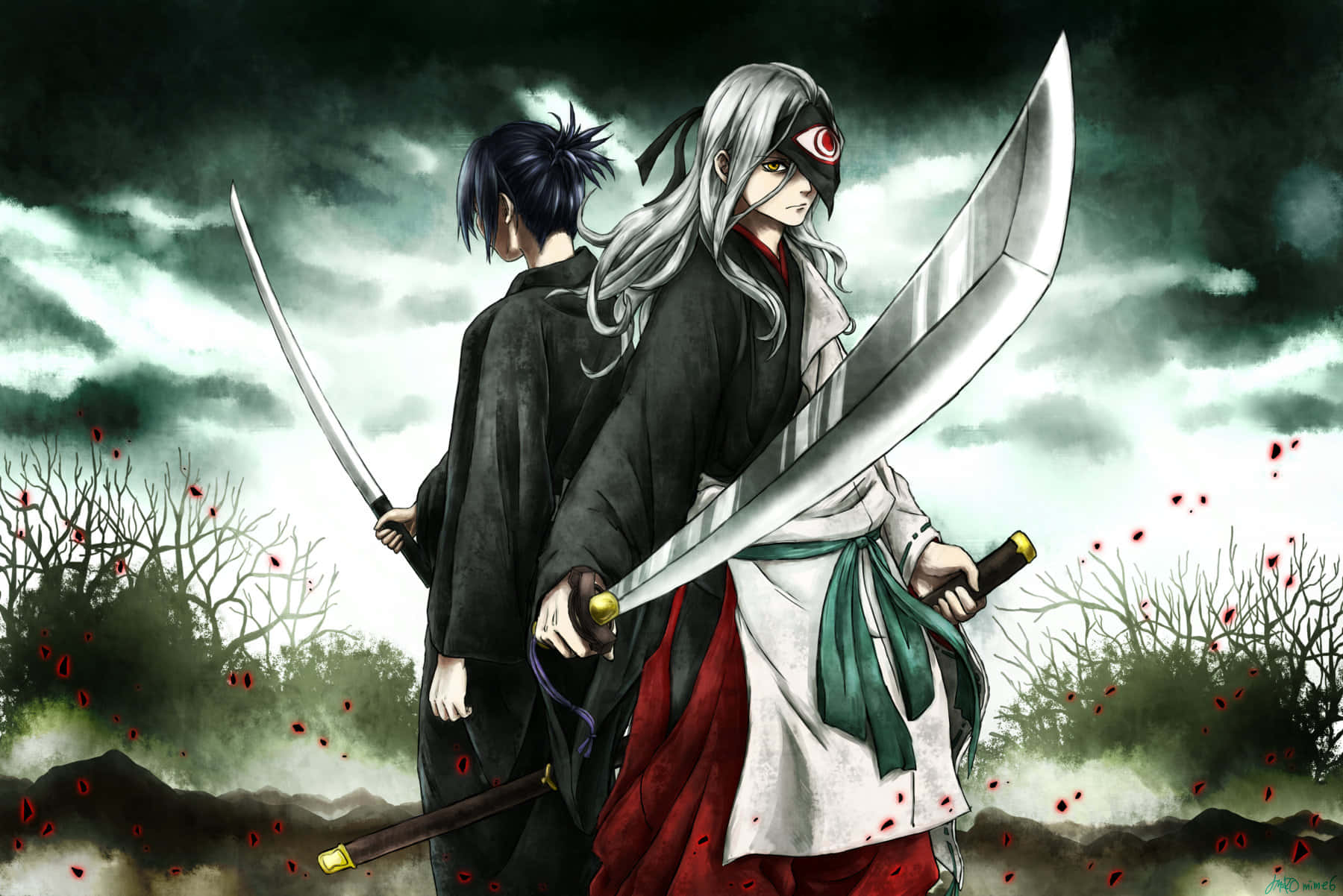 Noragami 桌布 壁紙 — 兩位動漫劍士在風暴肆虐的田野中背靠背站立，血紅色的花瓣在他們周圍飄落。