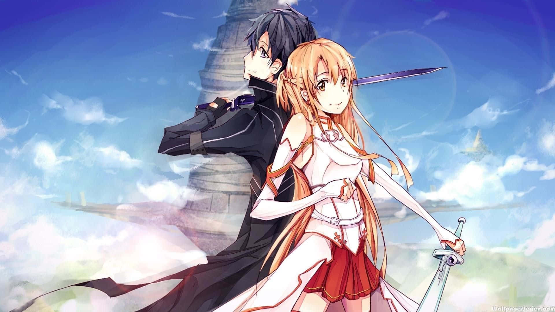 Yuuki Asuna 桌布 壁紙 — 兩位動漫劍士背對背站立，背景是明亮的藍天，有雲和遠處的塔。