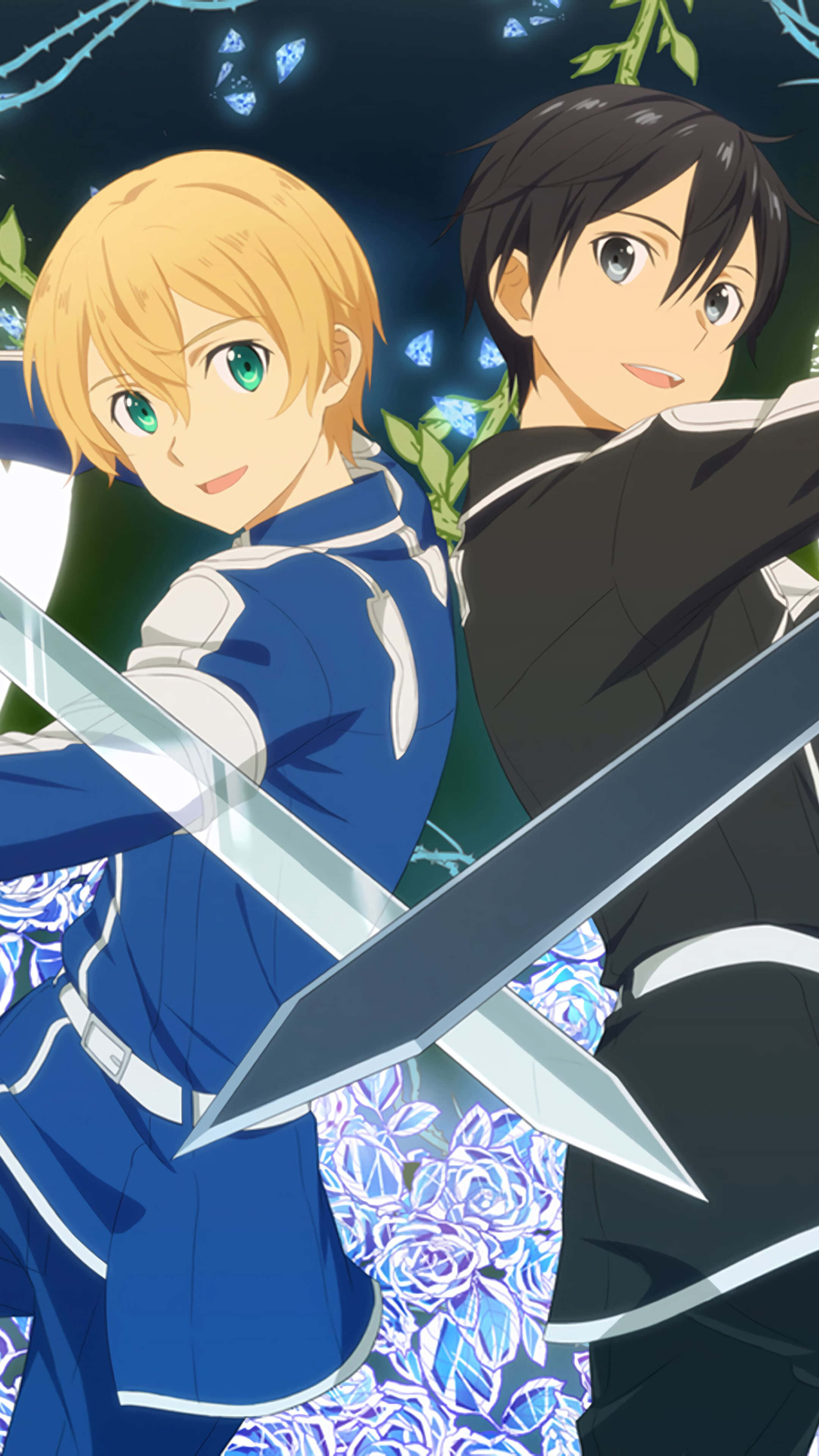 Sword Art Online Eugeo 桌布 壁紙 — 兩位動漫劍士背靠背站立，交叉的刀鋒在月光照耀的樹葉下閃耀。