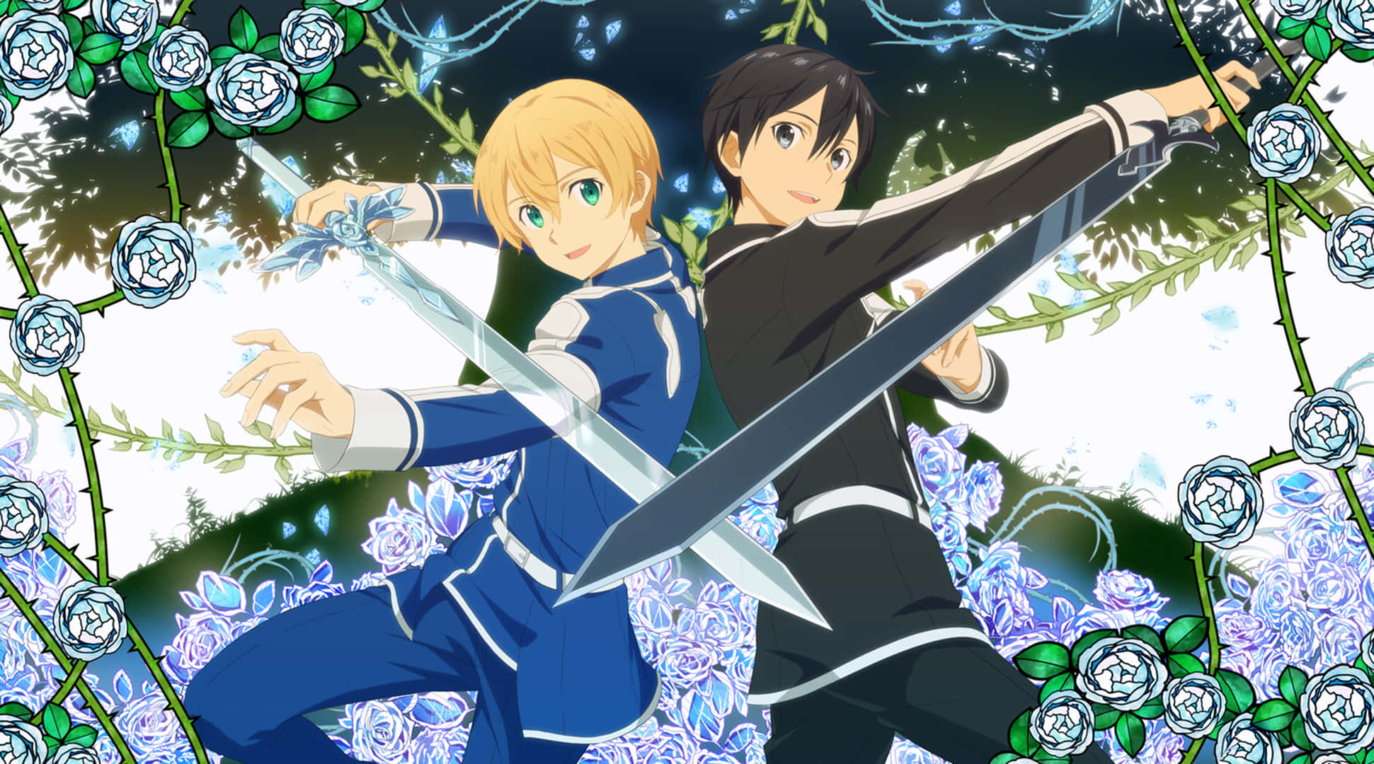 Sword Art Online Eugeo 桌布 壁紙 — 兩位動漫劍客在一個充滿活力的花卉競技場中交鋒，周圍環繞著發光的藍色玫瑰和藤蔓。