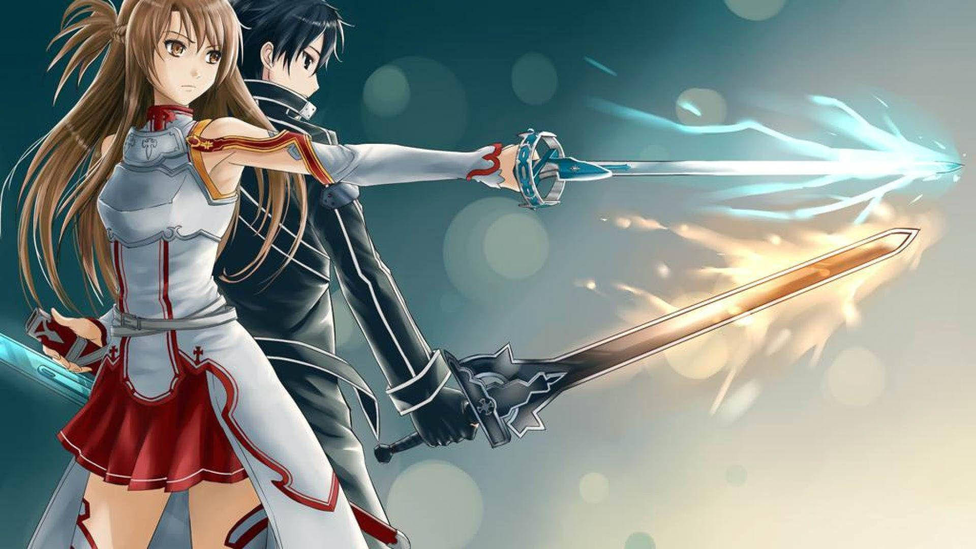 Kirito 桌布 壁紙 — 兩位動漫劍客在散景背景下以發光的劍刃交鋒。