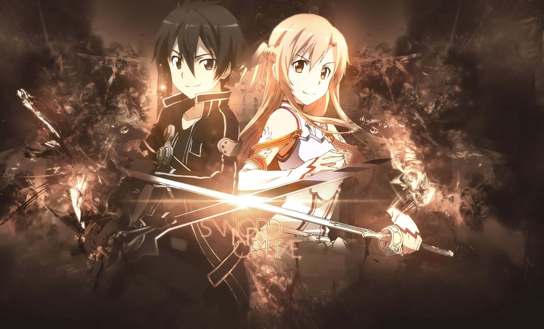 Yuuki Asuna 桌布 壁紙 — 兩位動漫劍客在激烈的戰鬥中碰撞，閃耀的劍刃和黑煙在他們周圍旋轉。