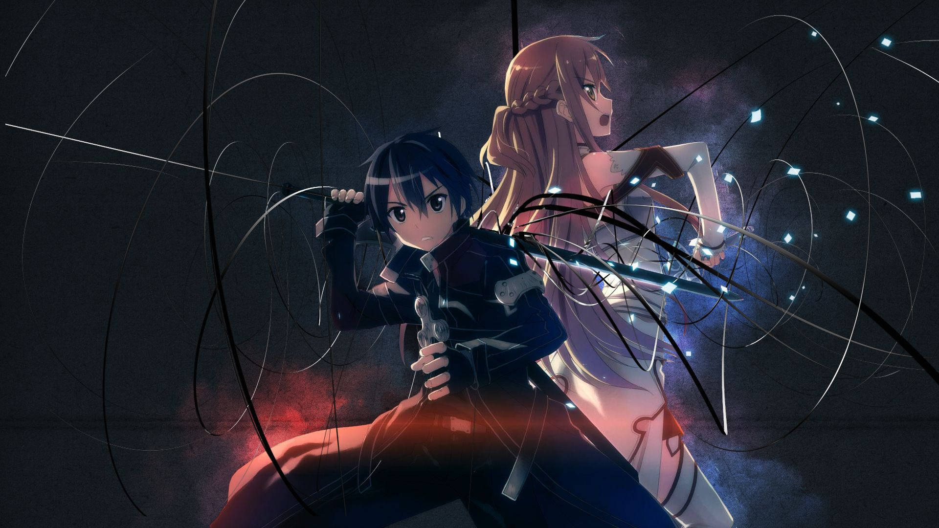 Kirito 桌布 壁紙 — 兩位動漫劍客在黑暗的競技場中碰撞，周圍有發光的能量線條和火花飛舞。