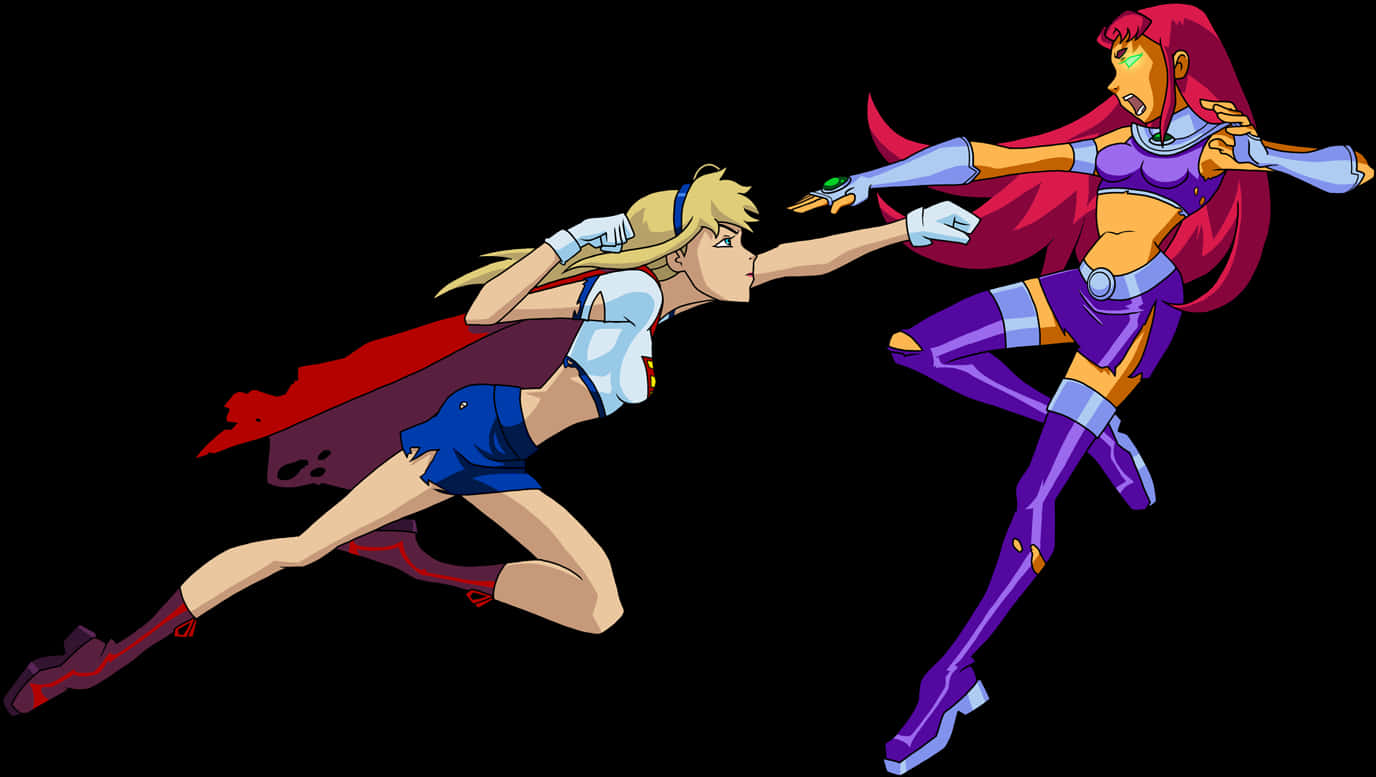 Cartoon Characters 桌布 壁紙 — 兩位動漫女超級英雄在空中碰撞，背景為黑色，一位身穿藍色和紅色，另一位身穿紫色和橙色。