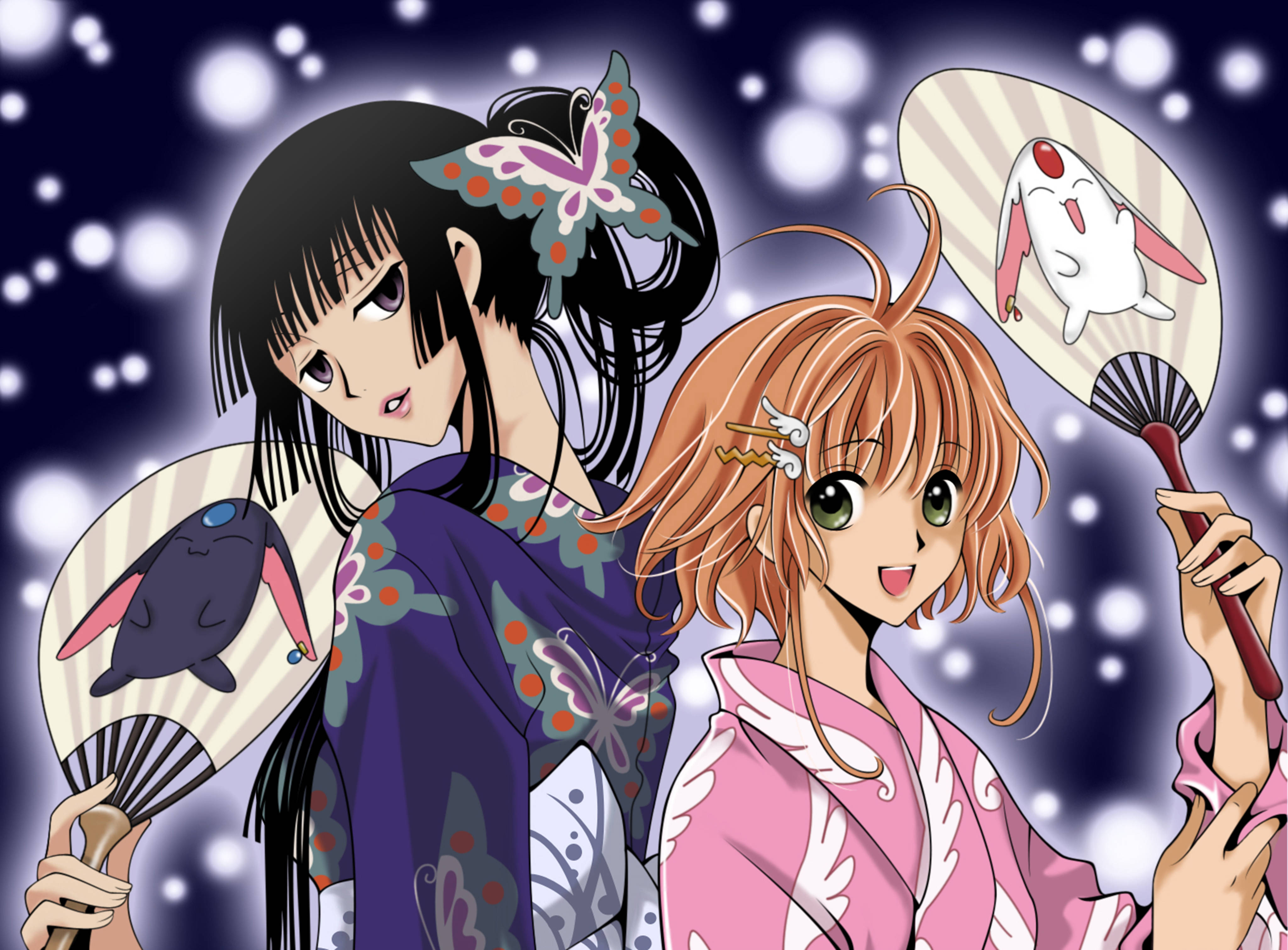 tsubasa reservoir chronicle 桌布 壁紙 — 兩位動漫少女穿著色彩繽紛的和服，手持兔子圖案的扇子，背景是閃爍的夜空。