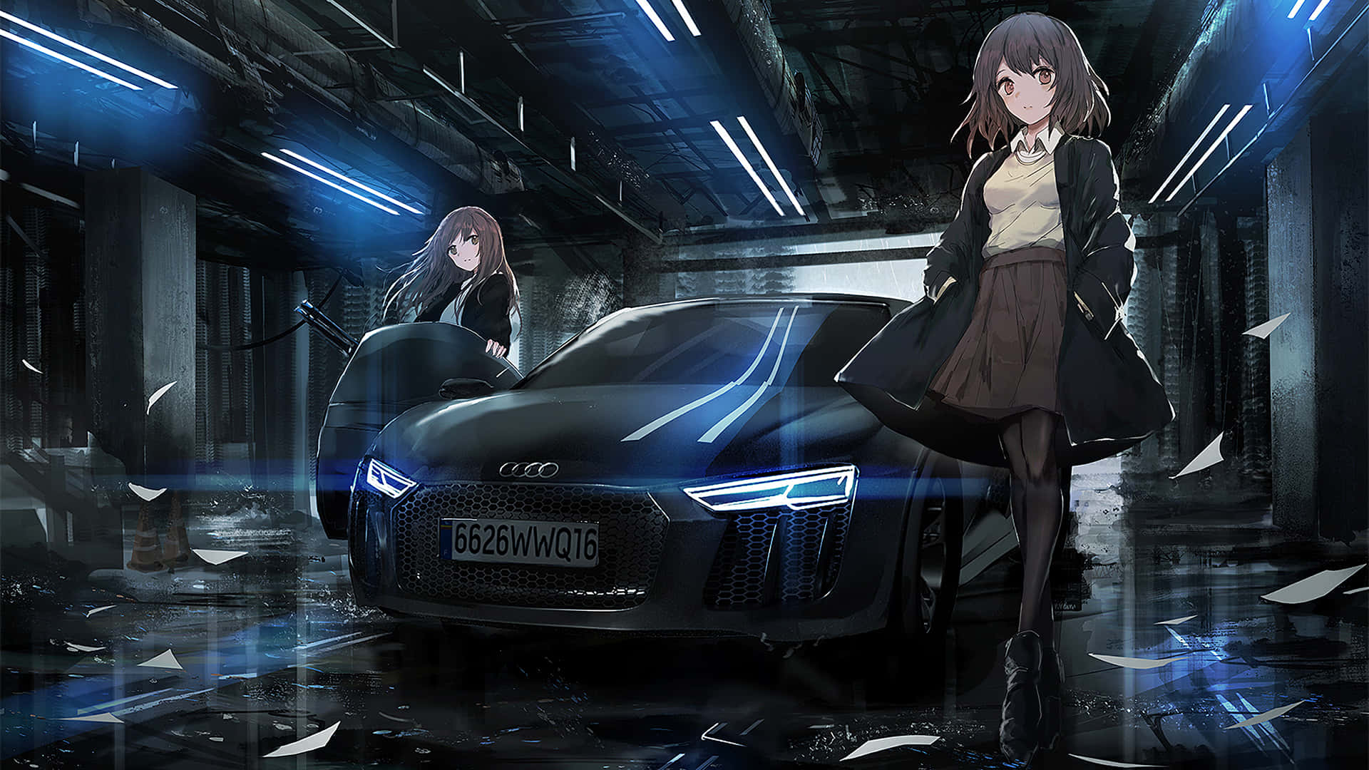 動漫少女與汽車背景 — 動漫車 壁紙