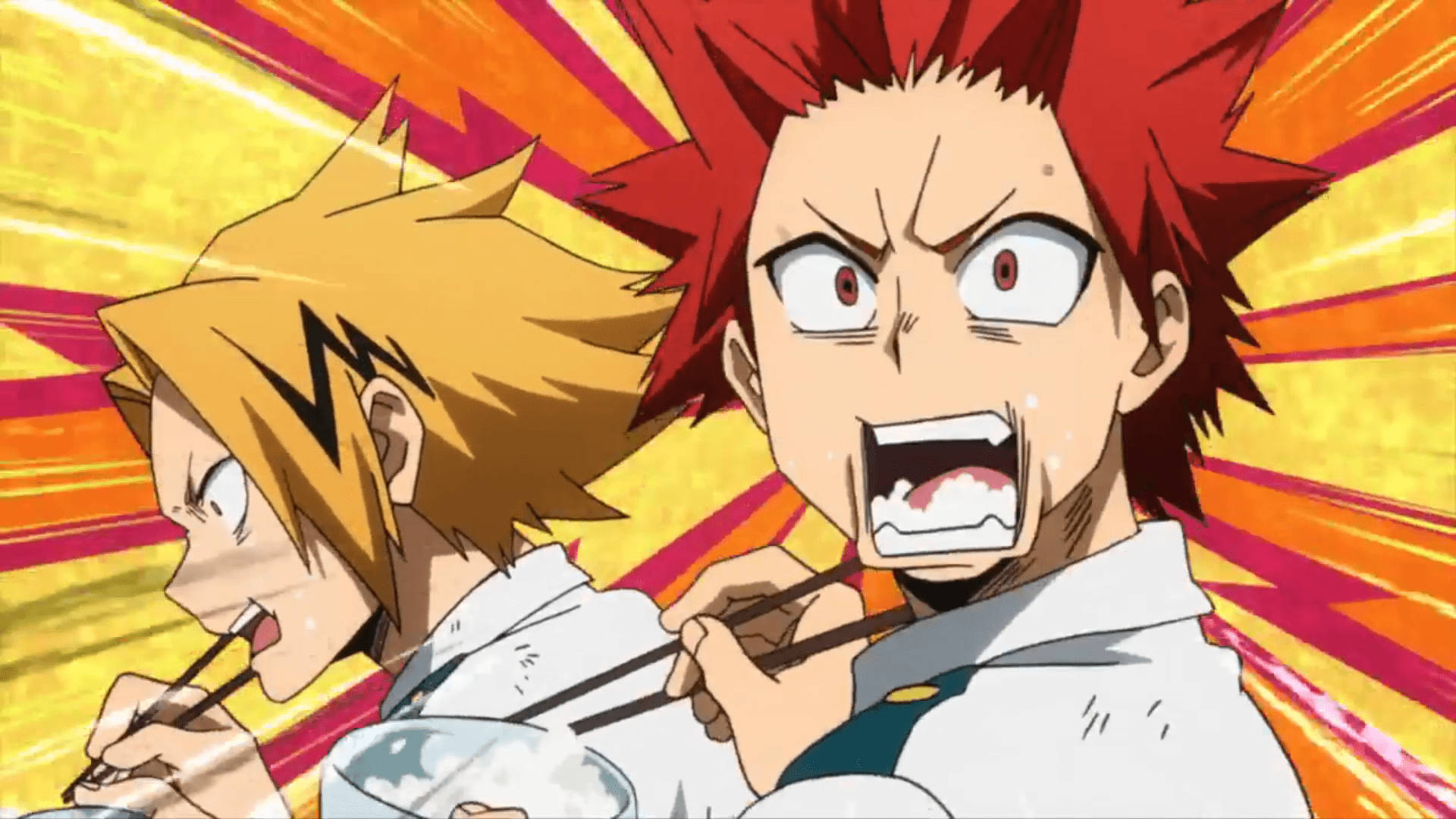 Kirishima 桌布 壁紙 — 兩位動漫廚師頭髮尖尖，在充滿活力的黃橙色放射狀爆發背景下用筷子激烈地吃拉麵。