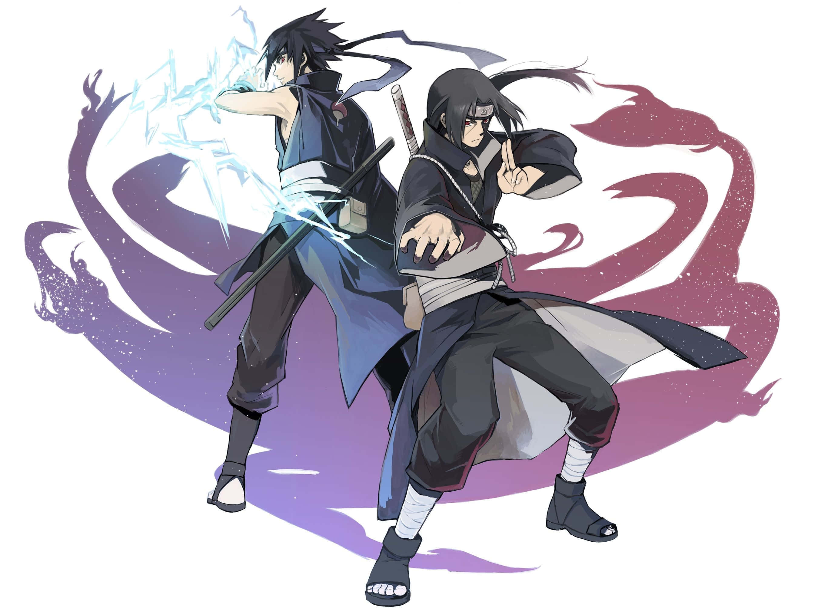 Jutsu 桌布 壁紙 — 兩位動漫忍者戰士以動態戰鬥姿勢碰撞，身後帶有發光的查克拉效果和旋轉的龍狀能量。