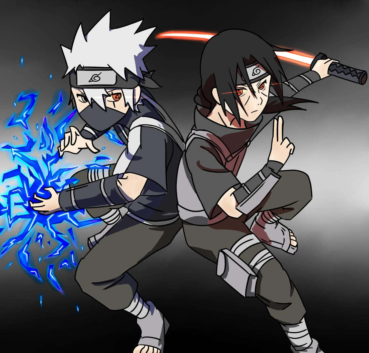 Kakashi And Itachi 桌布 壁紙 — 兩位動漫忍者戰士在動態戰鬥中交鋒，一人引導藍色閃電，另一人揮舞紅色刀刃，背景為深色漸變。
