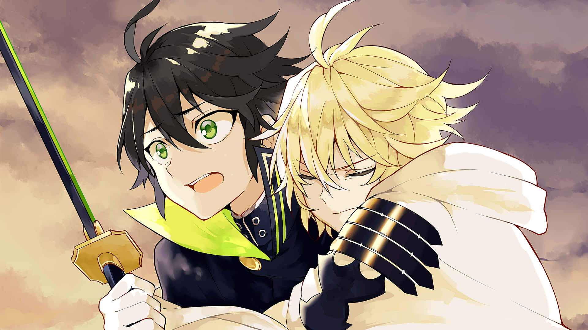 Gay Anime 桌布 壁紙 — 兩位動漫戰士，一位有綠眼睛和劍，另一位有金髮，背景是戲劇性的天空。