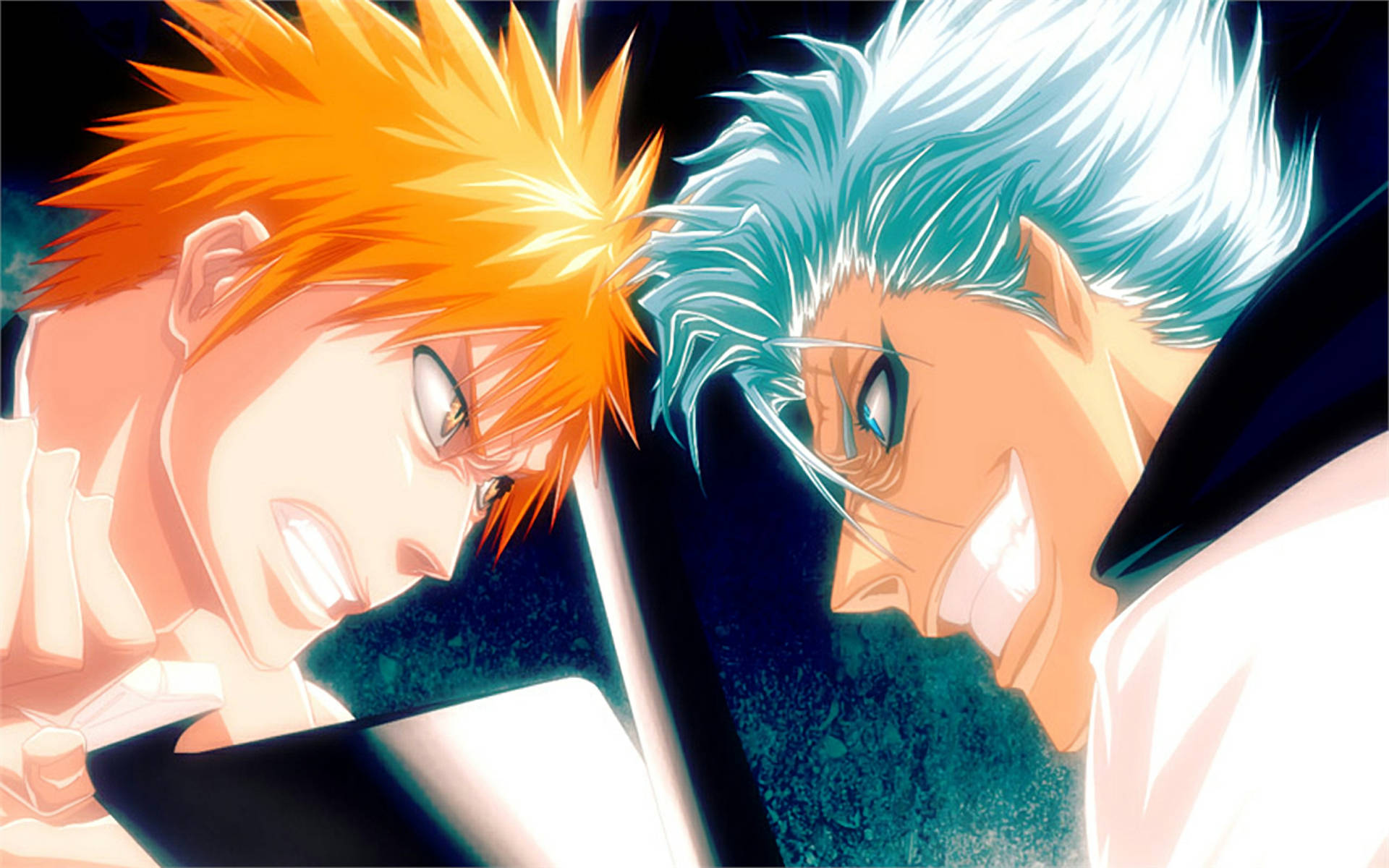 Ichigo Kurosaki 桌布 壁紙 — 兩位動漫戰士，擁有尖刺的橙色和青色頭髮，在黑暗的天空下進行戲劇性的對峙。