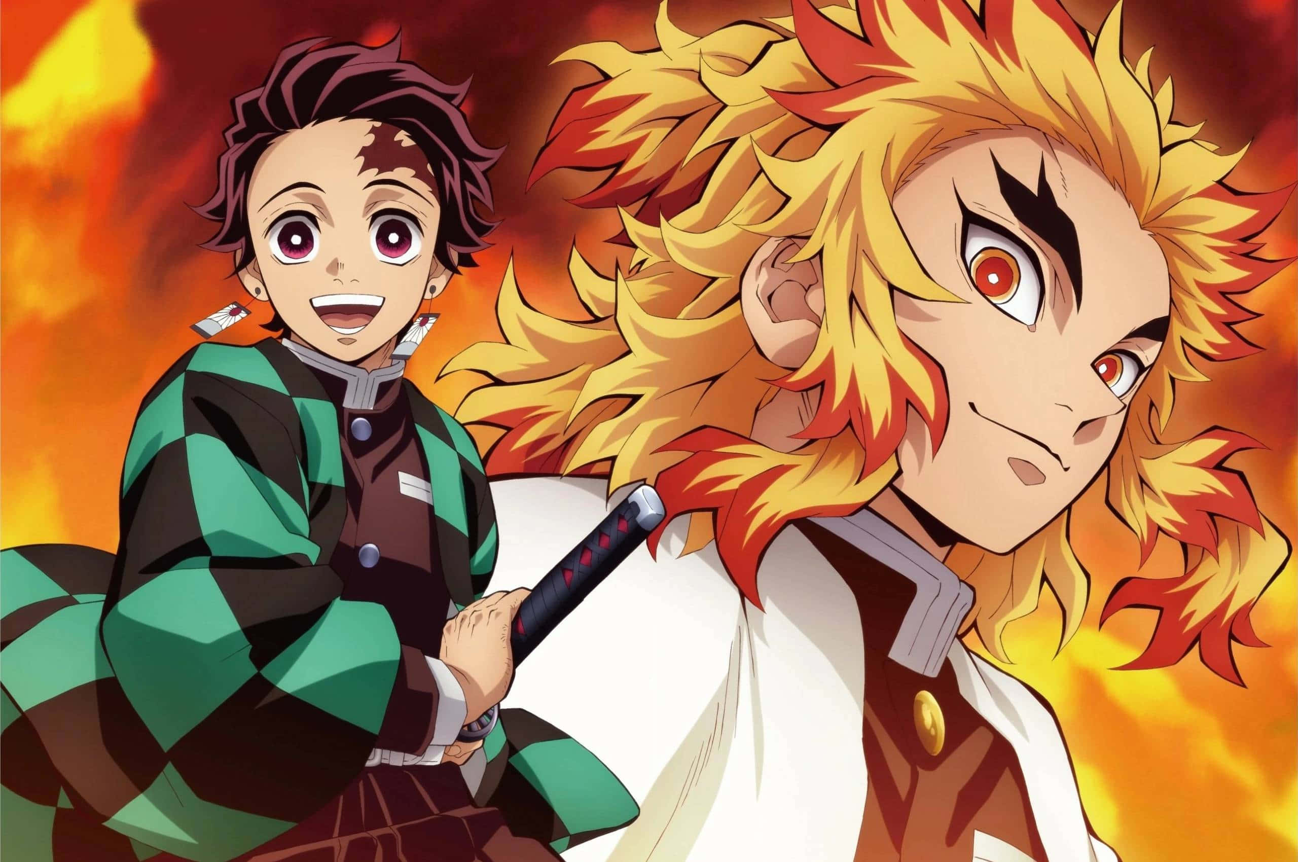 Rengoku And Tanjiro 桌布 壁紙 — 兩位動漫戰士，擁有火焰般的頭髮和堅定的表情，站在熾熱的橙色和紅色背景前。