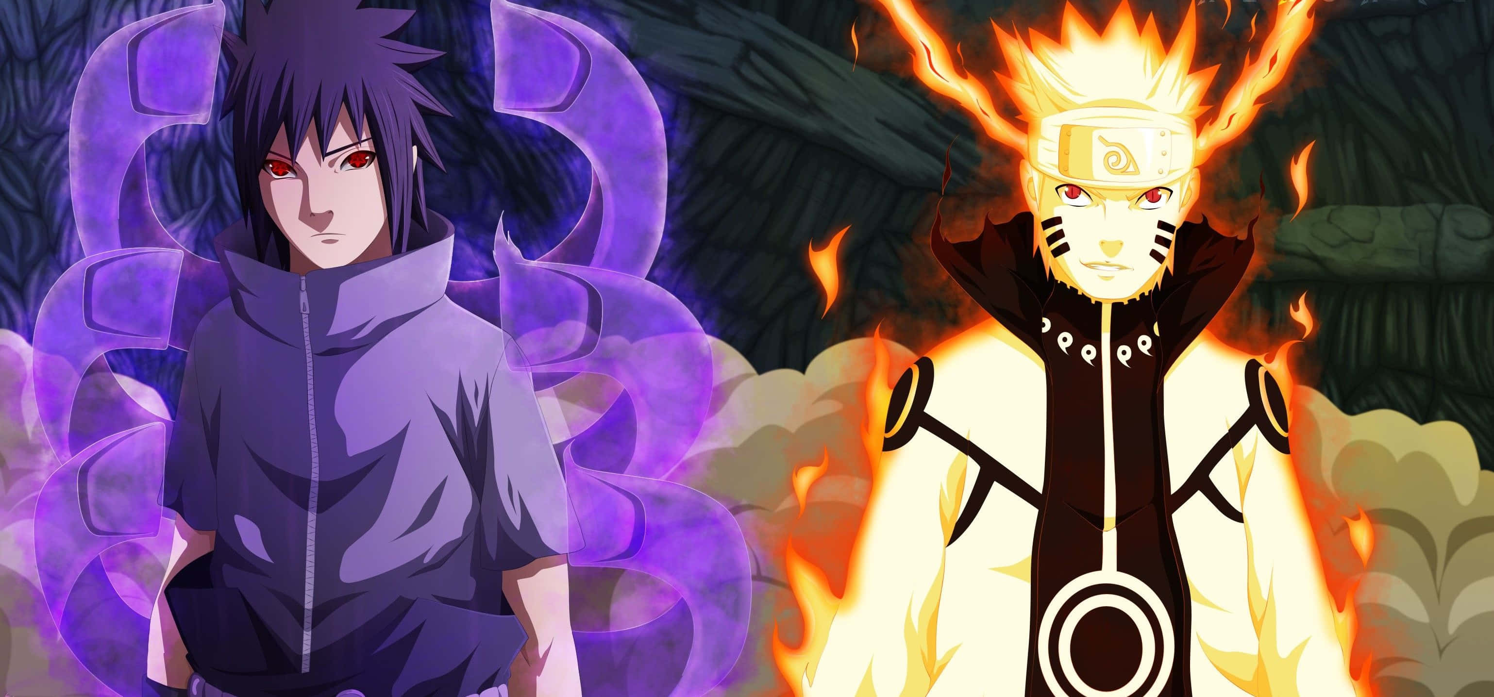 Naruto Manga 桌布 壁紙 — 兩位動漫戰士交鋒——一位帶有紫色查克拉和紅色眼睛，另一位帶有火橙色和狐狸般的標記。