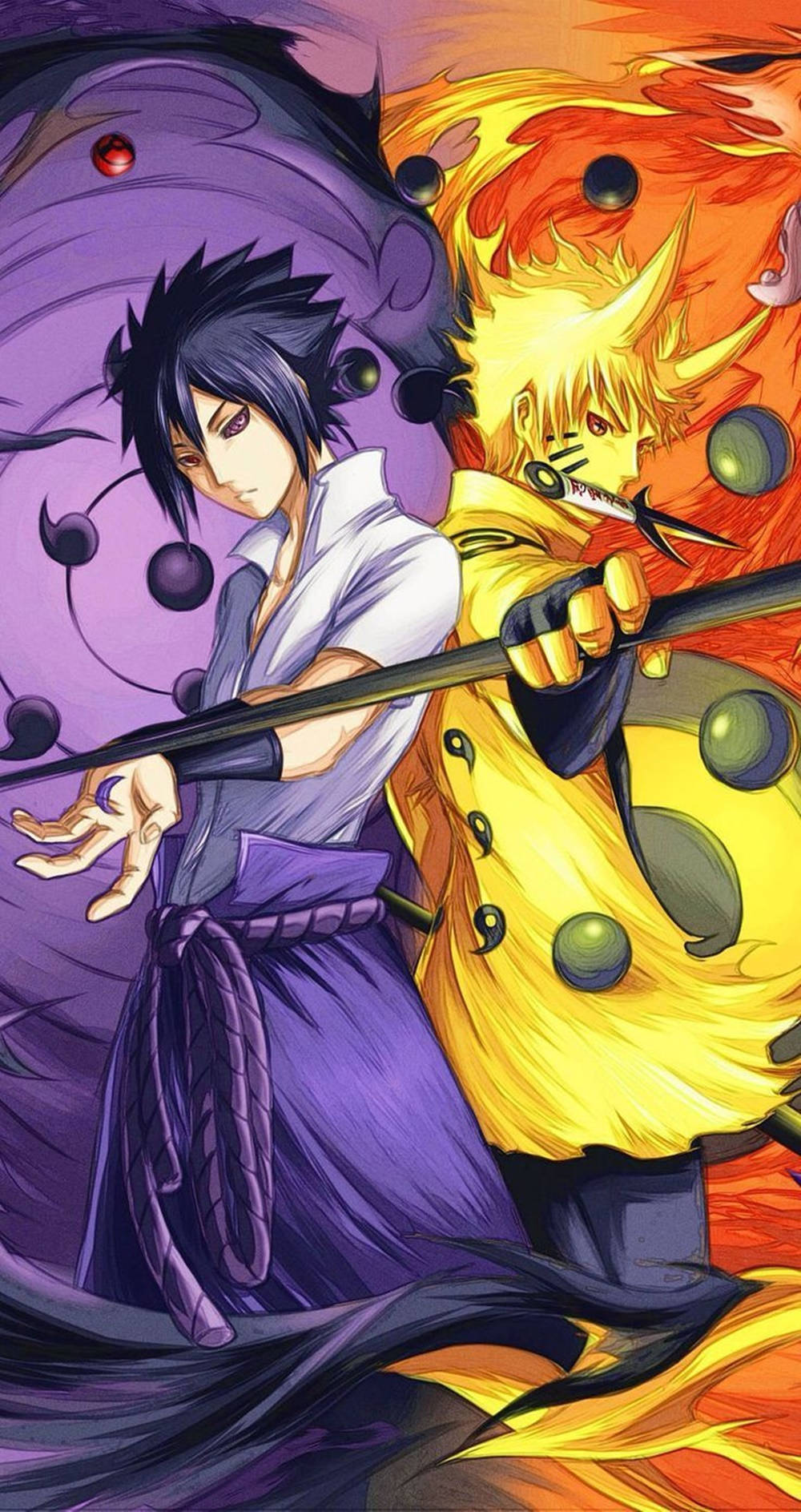 sasuke uchiha 桌布 壁紙 — 兩位動漫戰士交鋒——一位身穿紫色帶有黑暗查克拉，另一位身穿火黃色帶有九尾狐能量。
