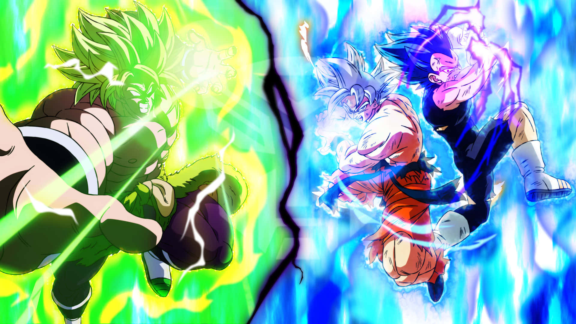 Vegeta And Broly 桌布 壁紙 — 兩位動漫戰士以充滿活力的綠色和藍色能量爆發及閃電效果碰撞。