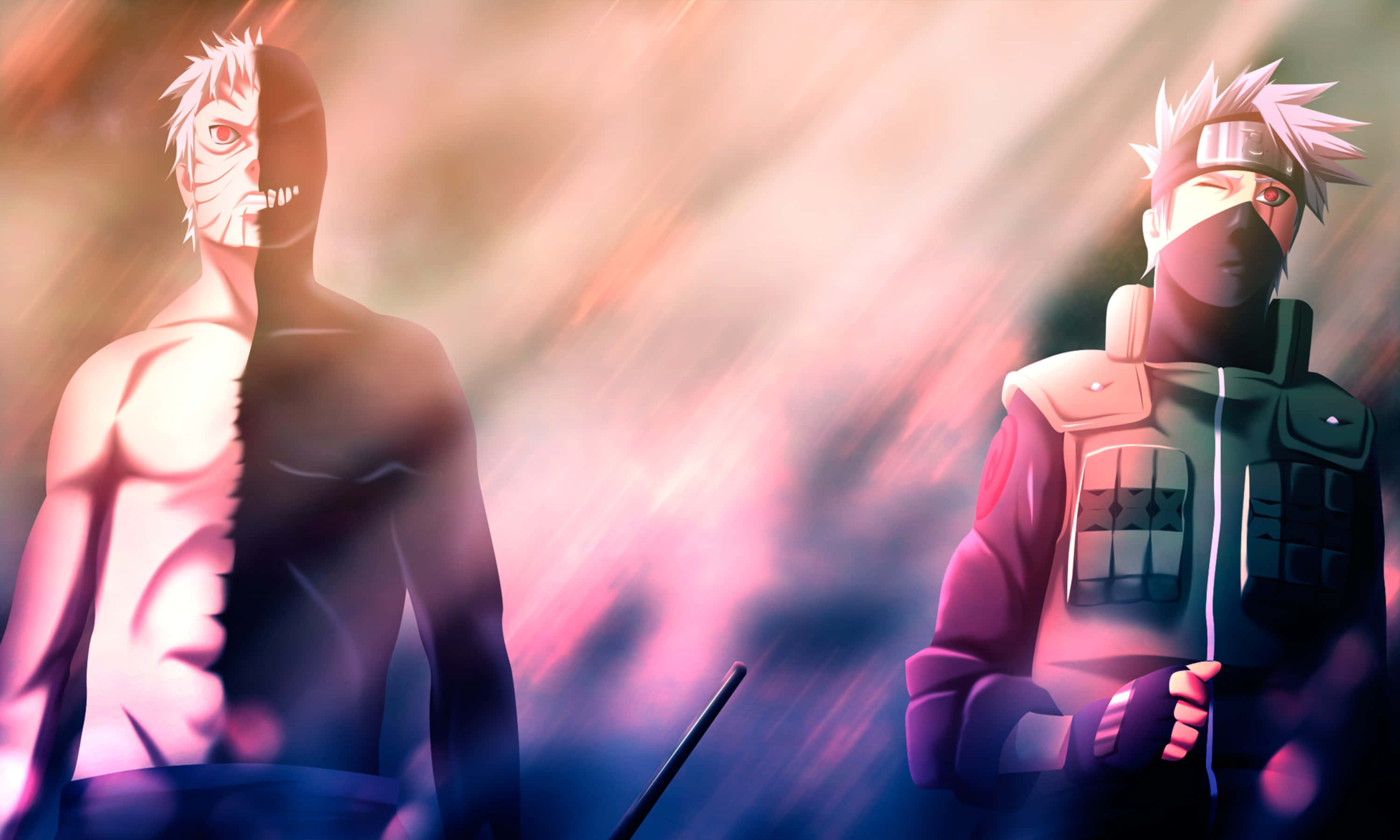 Kakashi And Tobi 桌布 壁紙 — 兩位動漫戰士以動感姿態站立，背景是明亮的粉紅色和橙色模糊效果。