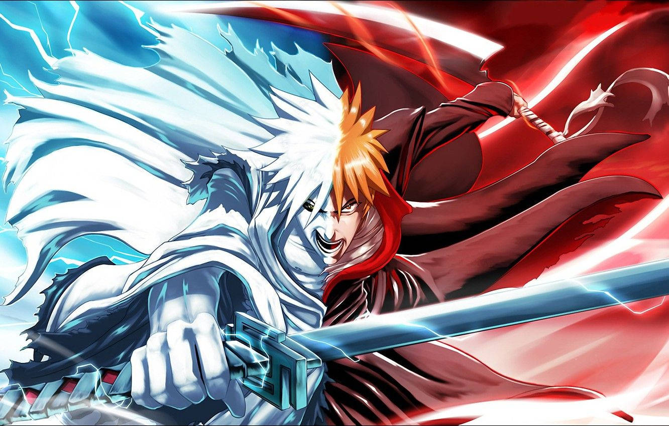 ichigo bankai 桌布 壁紙 — 兩位動漫戰士以動態動作碰撞，紅藍能量在他們的劍周圍旋轉。