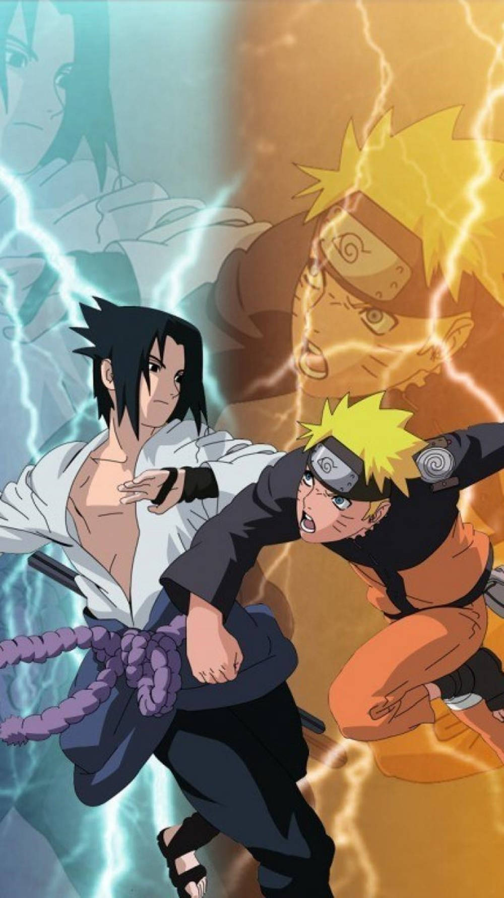 sasuke uchiha 桌布 壁紙 — 兩位動漫戰士以動態姿勢交鋒，周圍環繞著劈啪作響的藍色和橙色閃電效果。