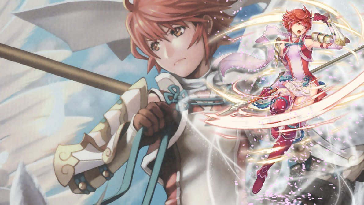 兩位動漫戰士以發光劍刃和能量效果戰鬥。 — Fire Emblem Warriors 壁紙