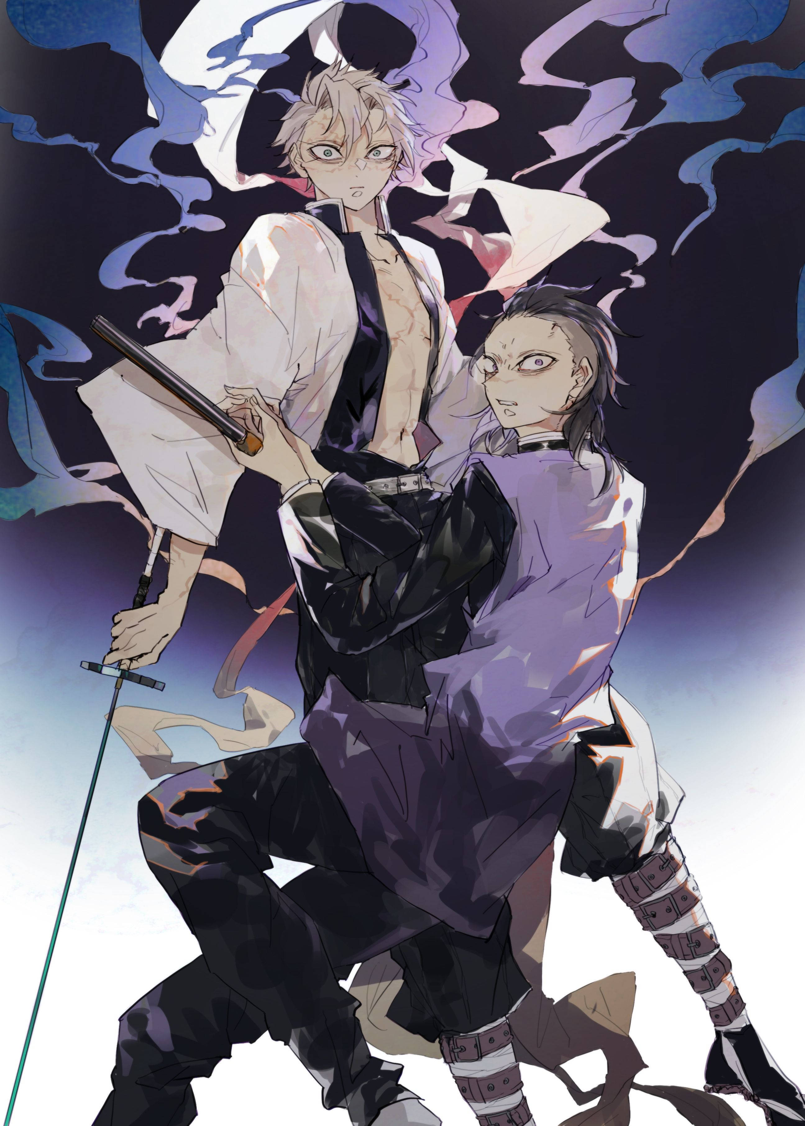 genya 桌布 壁紙 — 兩位動漫戰士以動態戰鬥姿勢，背景是旋轉的深藍色和紫色能量。