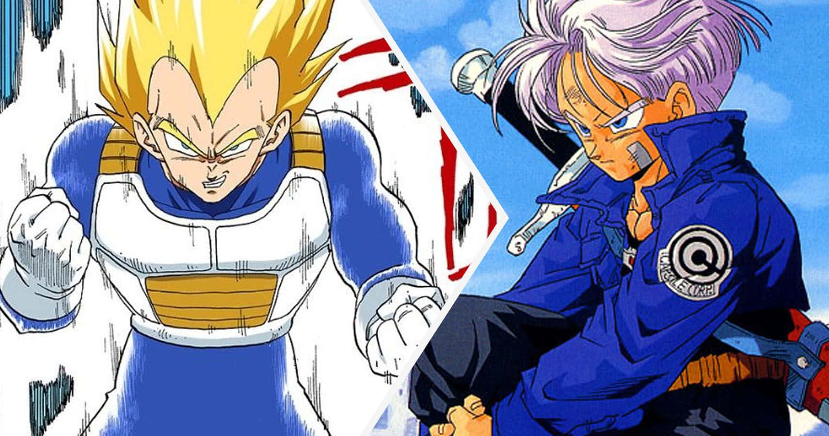 Dragon Ball Z Trunks 桌布 壁紙 — 兩位動漫戰士以動態戰鬥姿態呈現，一位擁有尖刺金髮，另一位擁有銀髮，兩者都散發出強烈的能量。