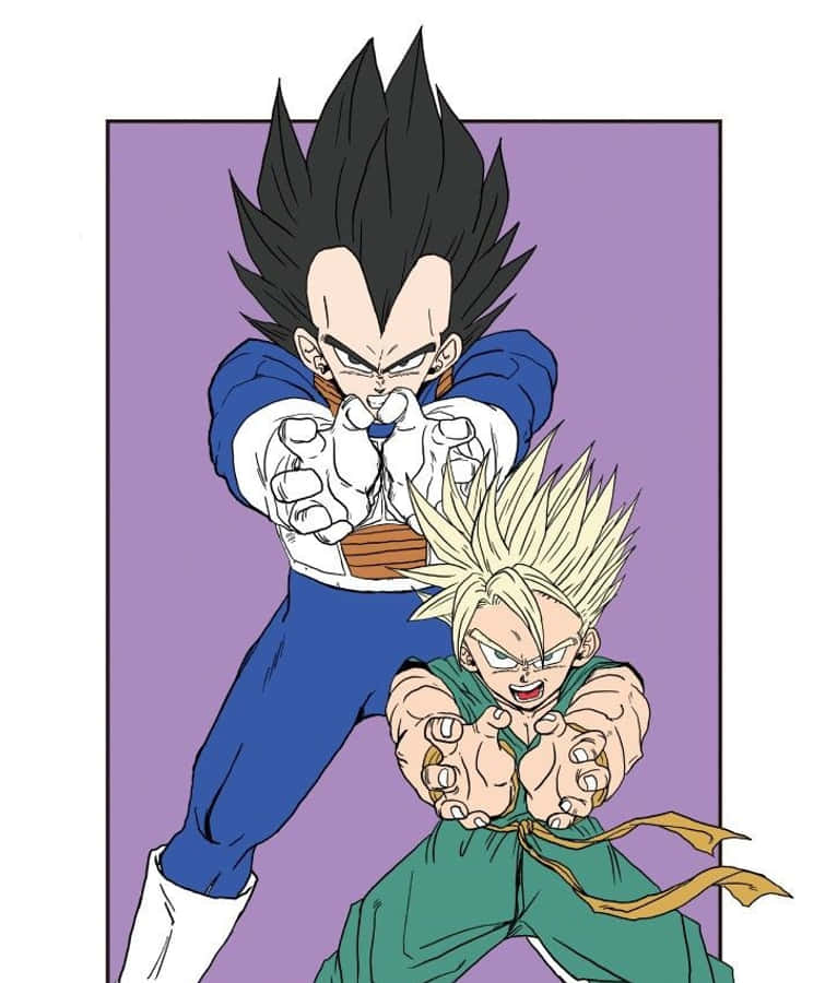 Vegeta And Trunks 桌布 壁紙 — 兩位動漫戰士以戰鬥姿勢，表情激烈，背景為純紫色。