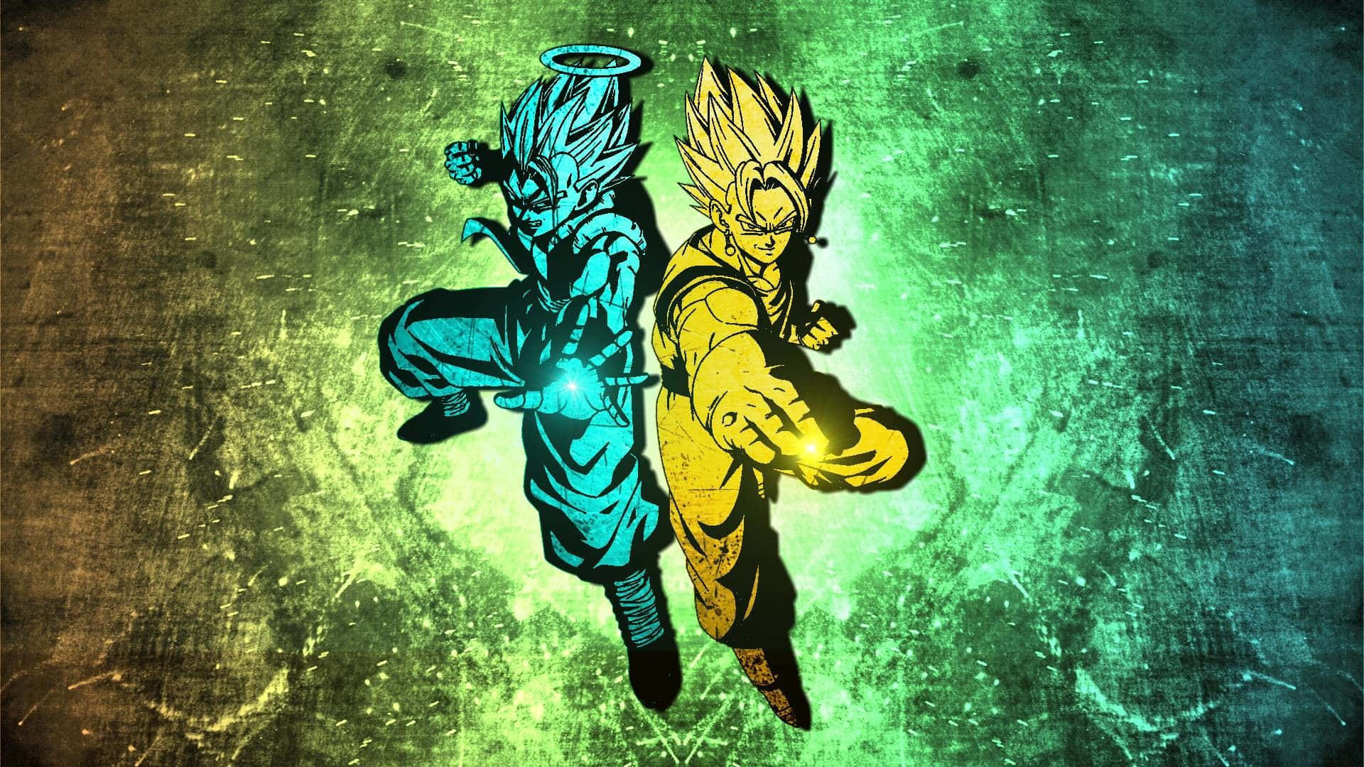 Gogeta And Vegito 桌布 壁紙 — 兩位動漫戰士以發光的藍色和黃色戰鬥姿勢，背景為帶紋理的綠色和棕色。
