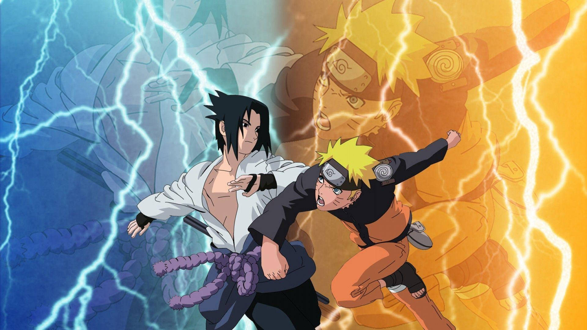 Naruto Vs Sasuke 桌布 壁紙 — 兩位動漫戰士以閃電能量碰撞，一個帶藍色光環，另一個帶橙色光環。