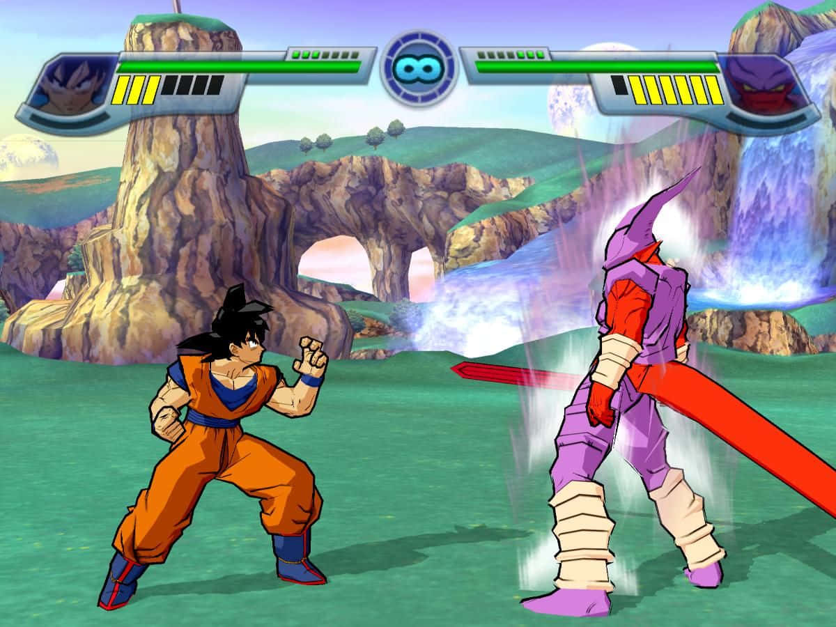 Dragon Ball Z Games 桌布 壁紙 — 兩位動漫戰士在一個充滿活力的遊戲競技場中碰撞，背後是岩石峭壁和發光的瀑布。