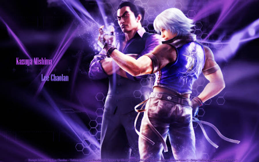 kazuya mishima 桌布 壁紙 — 兩位動漫戰士在一個帶有六邊形能量效果的發光紫色數位競技場中交鋒。