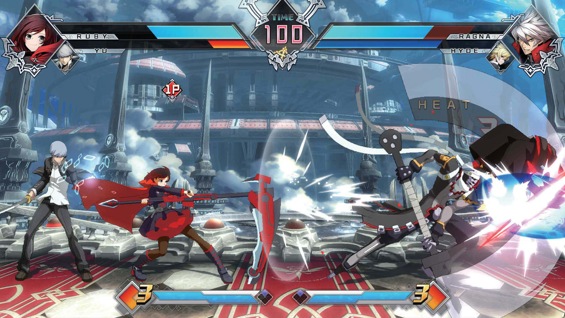 Fighting Games 桌布 壁紙 — 兩位動漫戰士在一個未來風格的競技場中，手持發光武器並伴隨著動態能量效果激烈交鋒。