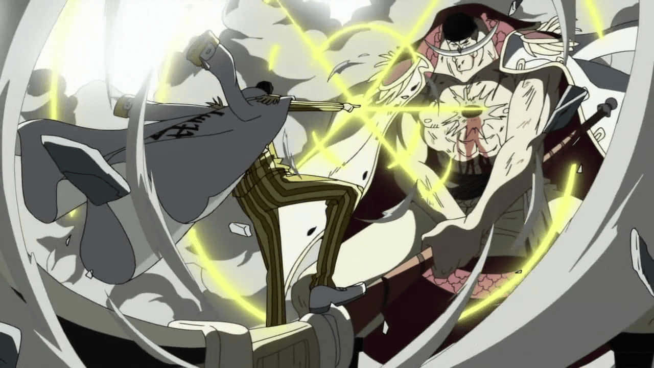 Kizaru 桌布 壁紙 — 兩位動漫戰士在一場動態戰鬥中碰撞，伴隨著發光的黃色能量光束和旋轉的運動線條。