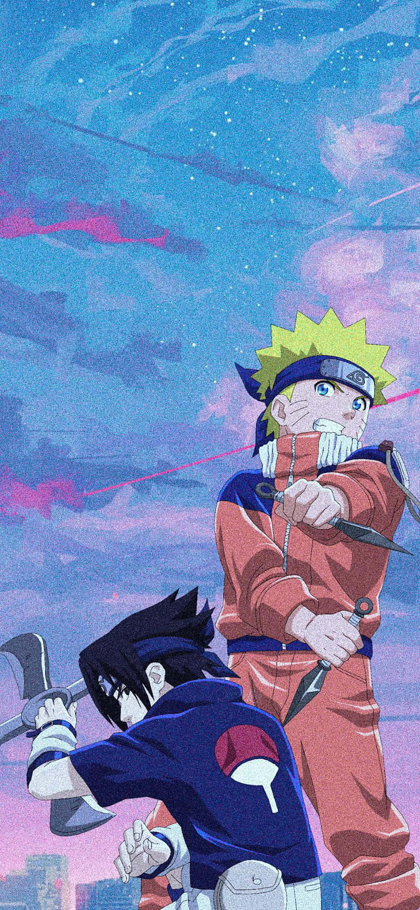 火影忍者 桌布 壁紙 — 兩位動漫戰士在佈滿星星的暮色天空下，伴隨著粉紅色和藍色的雲朵交戰。