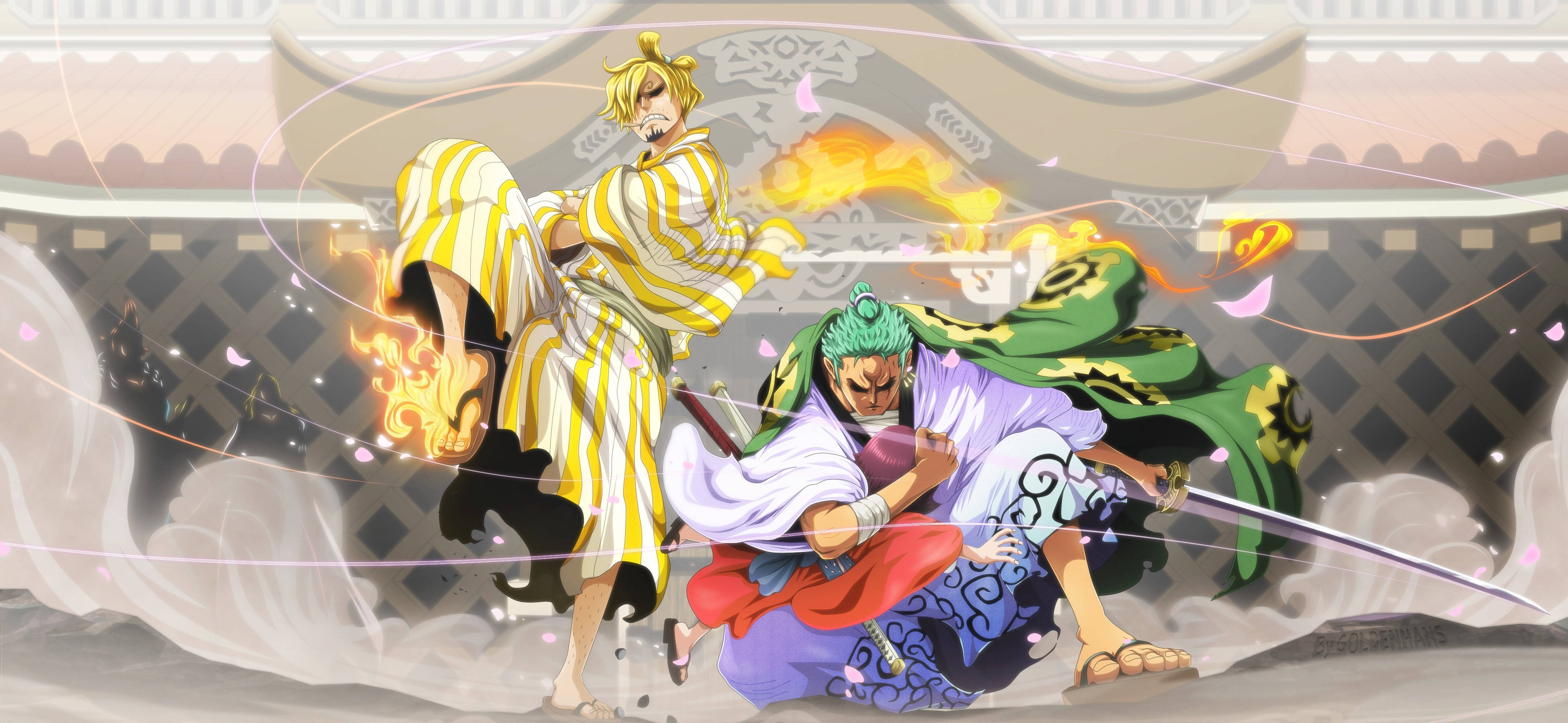 Sanji 桌布 壁紙 — 兩位動漫戰士在傳統日本建築背景下，以熾熱的能量和旋轉的運動線條進行動態戰鬥。