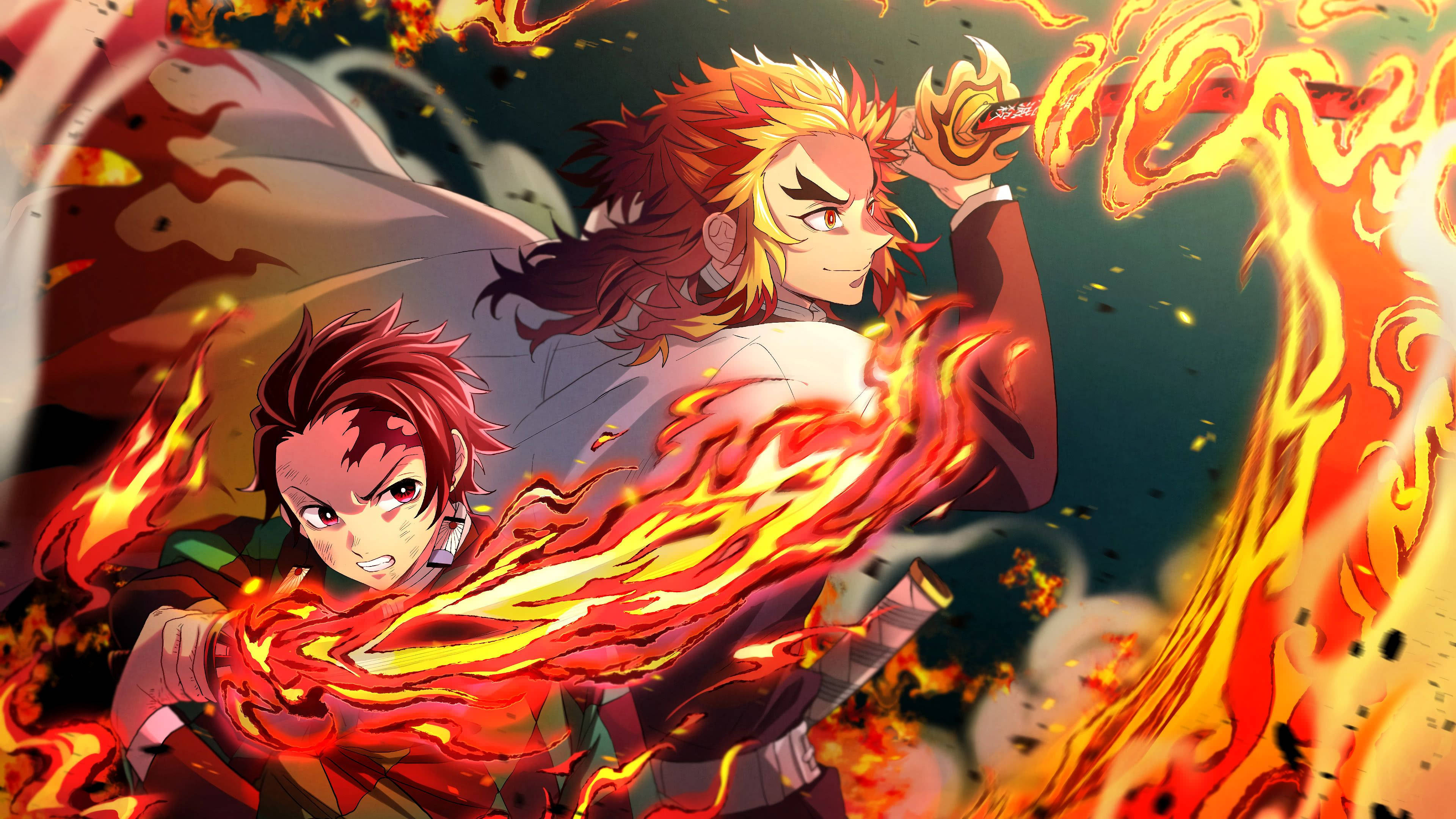 Flame 桌布 壁紙 — 兩位動漫戰士在充滿動感的戰鬥場景中釋放熾熱能量，伴隨著發光的火焰和激烈的表情。