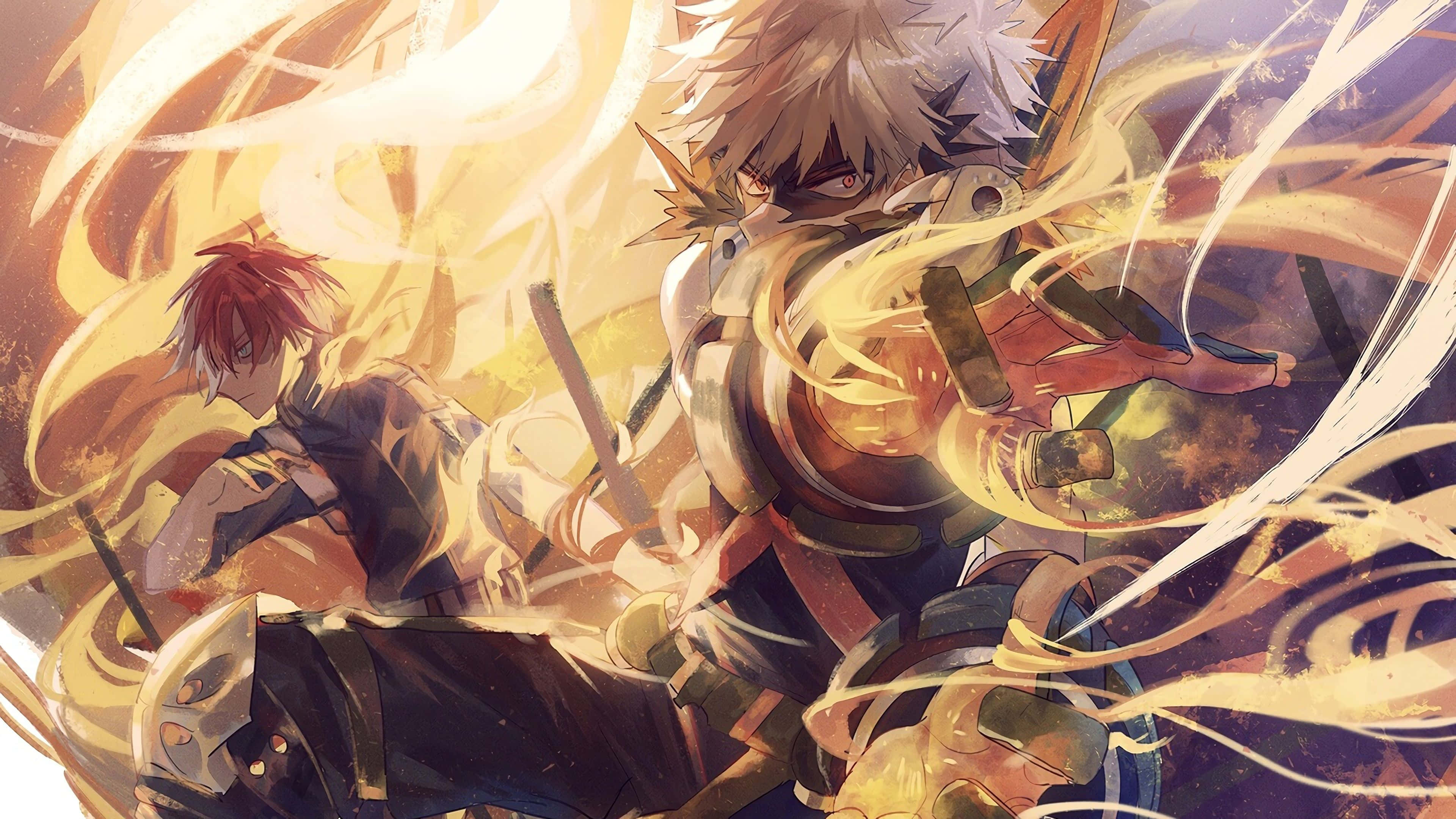 Bakugo 桌布 壁紙 — 兩位動漫戰士在充滿旋轉金色能量和激烈表情的動態戰鬥場景中碰撞。