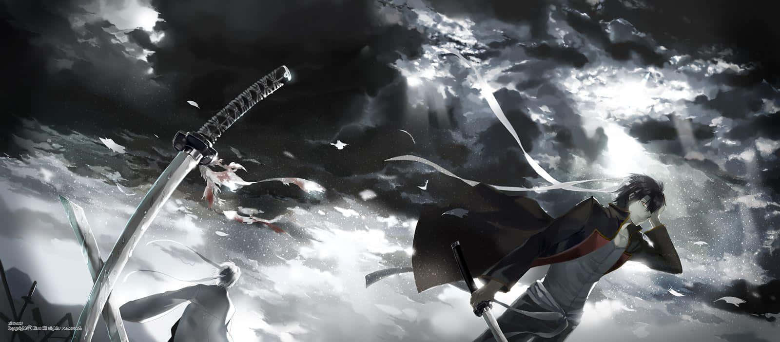 桌布 壁紙 — 兩位動漫戰士在充滿旋轉雲層和飄落花瓣的暴風雨中揮劍交鋒。