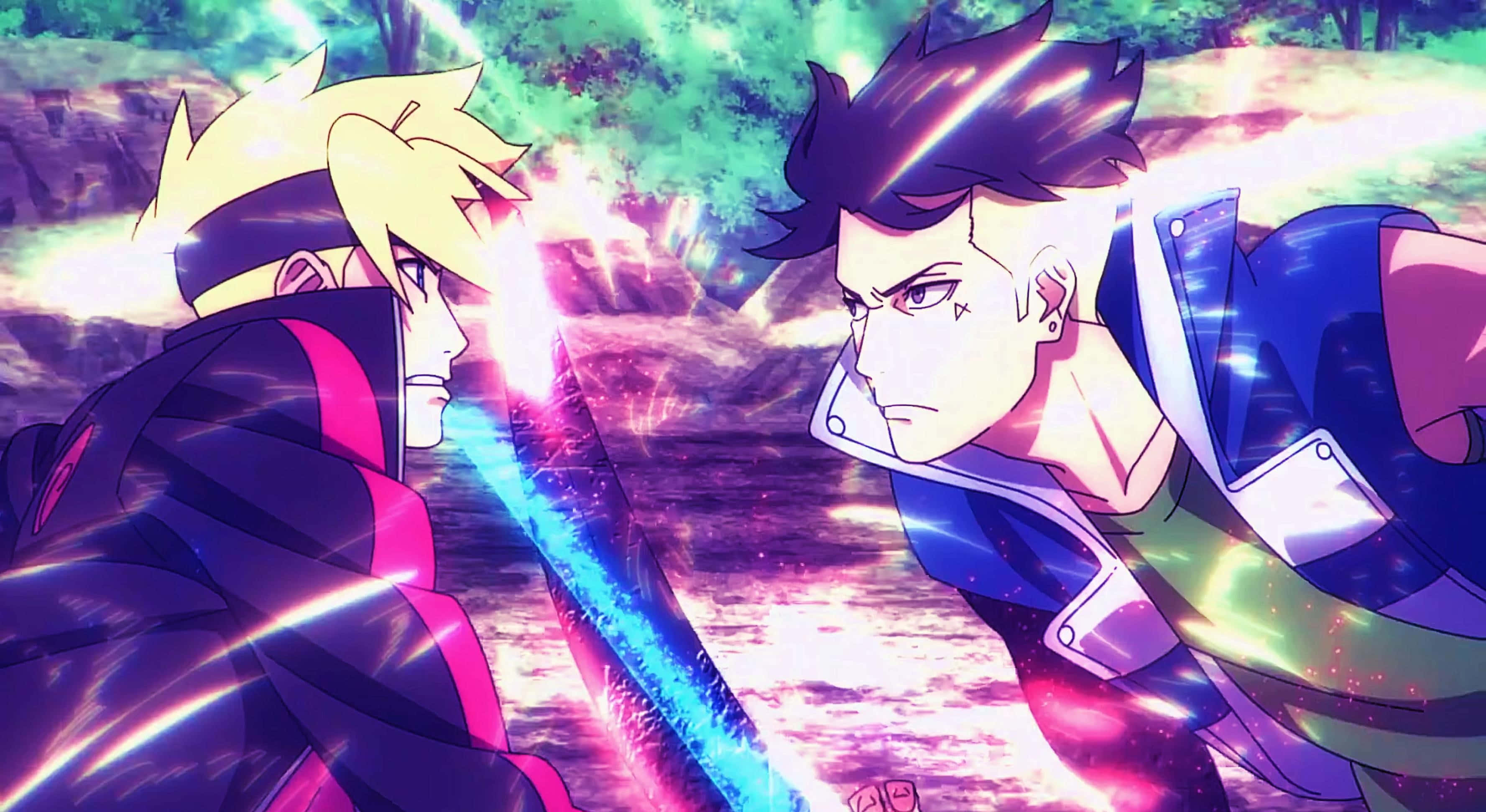 Boruto Vs Kawaki 桌布 壁紙 — 兩位動漫戰士在充滿活力的森林戰場上，在電光效果下以發光的劍交鋒。