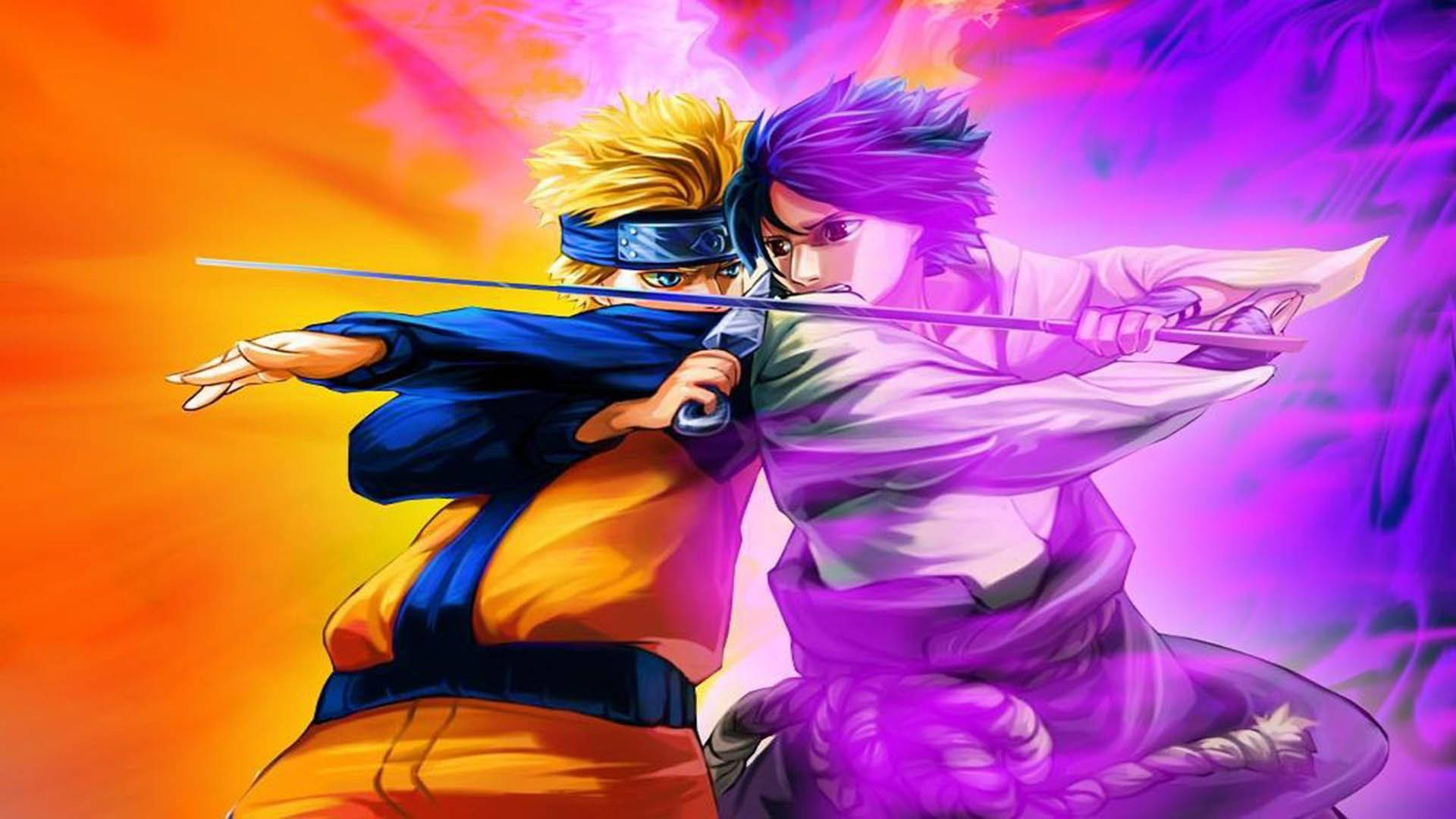 Naruto And Sasuke 桌布 壁紙 — 兩位動漫戰士在充滿活力的橙色和紫色能量爆發中交鋒。