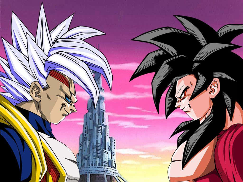 Vegeta Art 桌布 壁紙 — 兩位動漫戰士在充滿活力的粉紅和紫色日落天空下，以強烈的表情對峙。